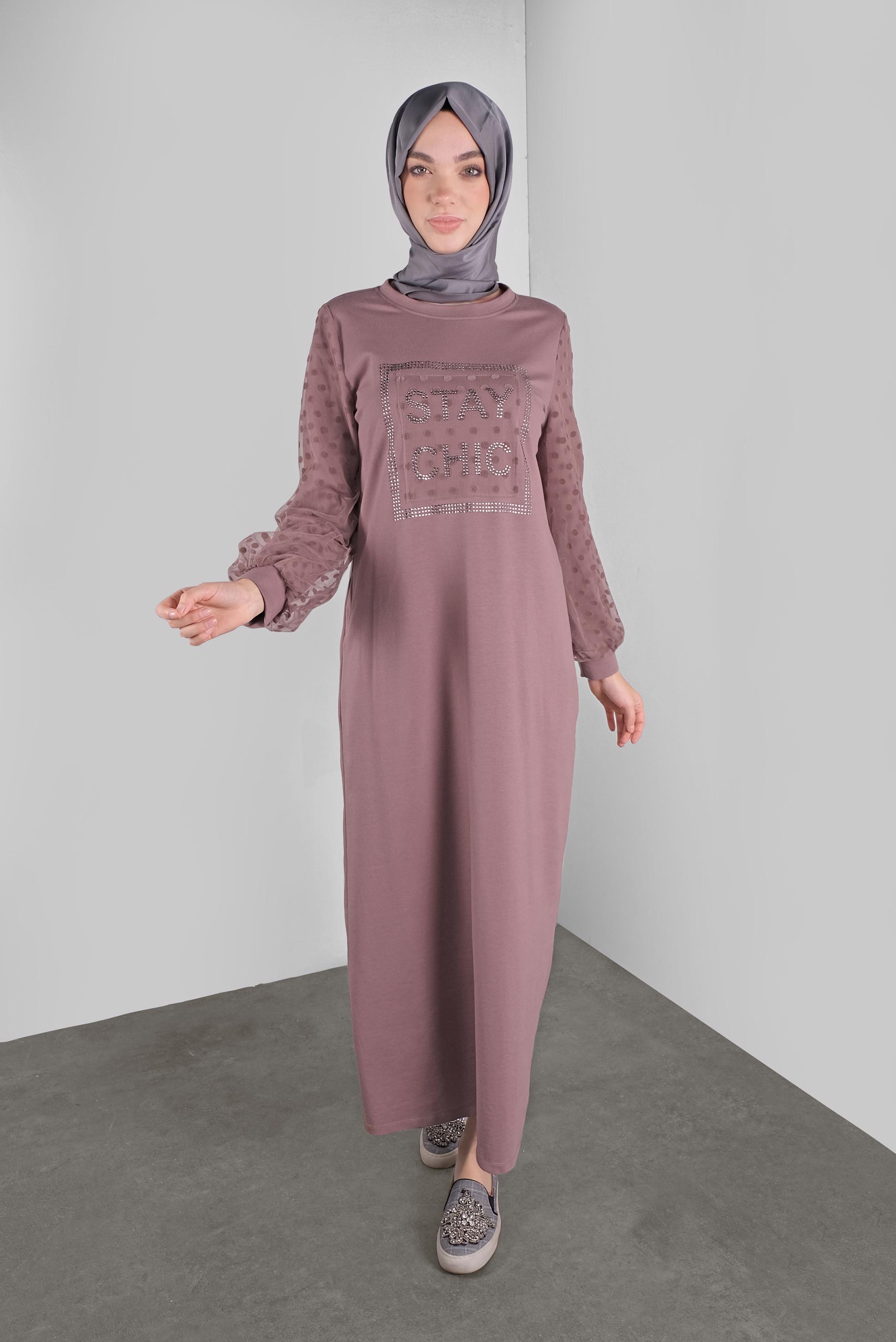 Tesettür giyim PEMBE PAMUKLU PUANTİTE TÜL DETAYLI EŞOFMAN ELBİSE 41153