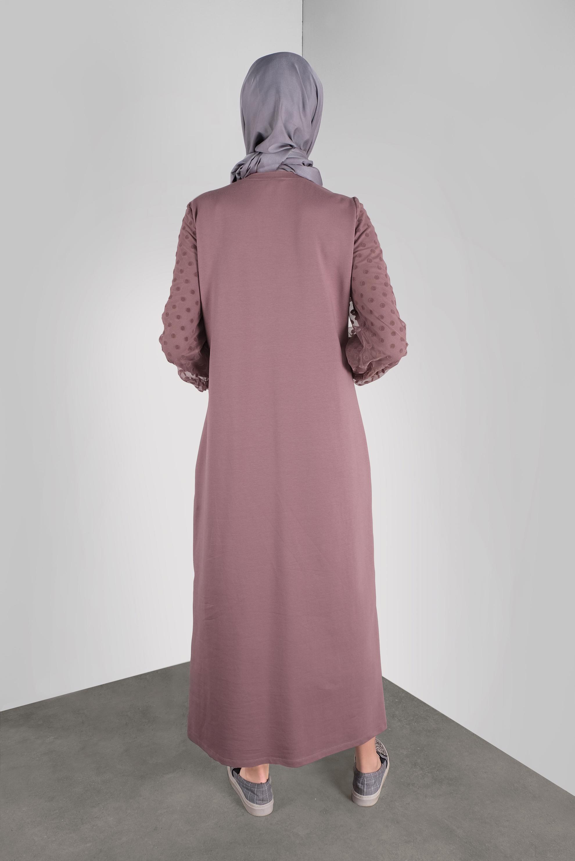Tesettür giyim PEMBE PAMUKLU PUANTİTE TÜL DETAYLI EŞOFMAN ELBİSE 41153
