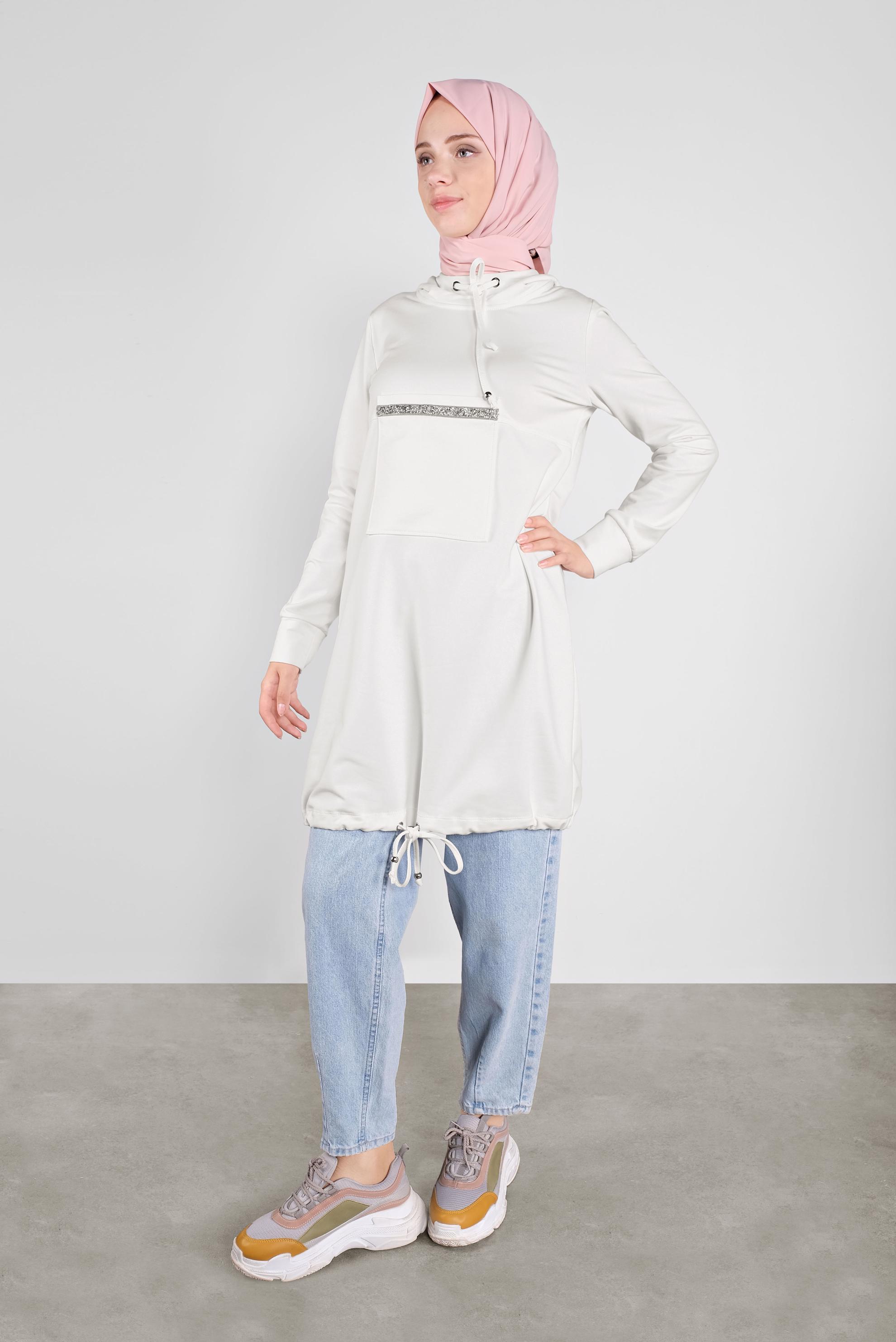 Tesettür giyim BEYAZ TAŞ ŞERİT DETAYLI EŞOFMAN TUNİK 41155