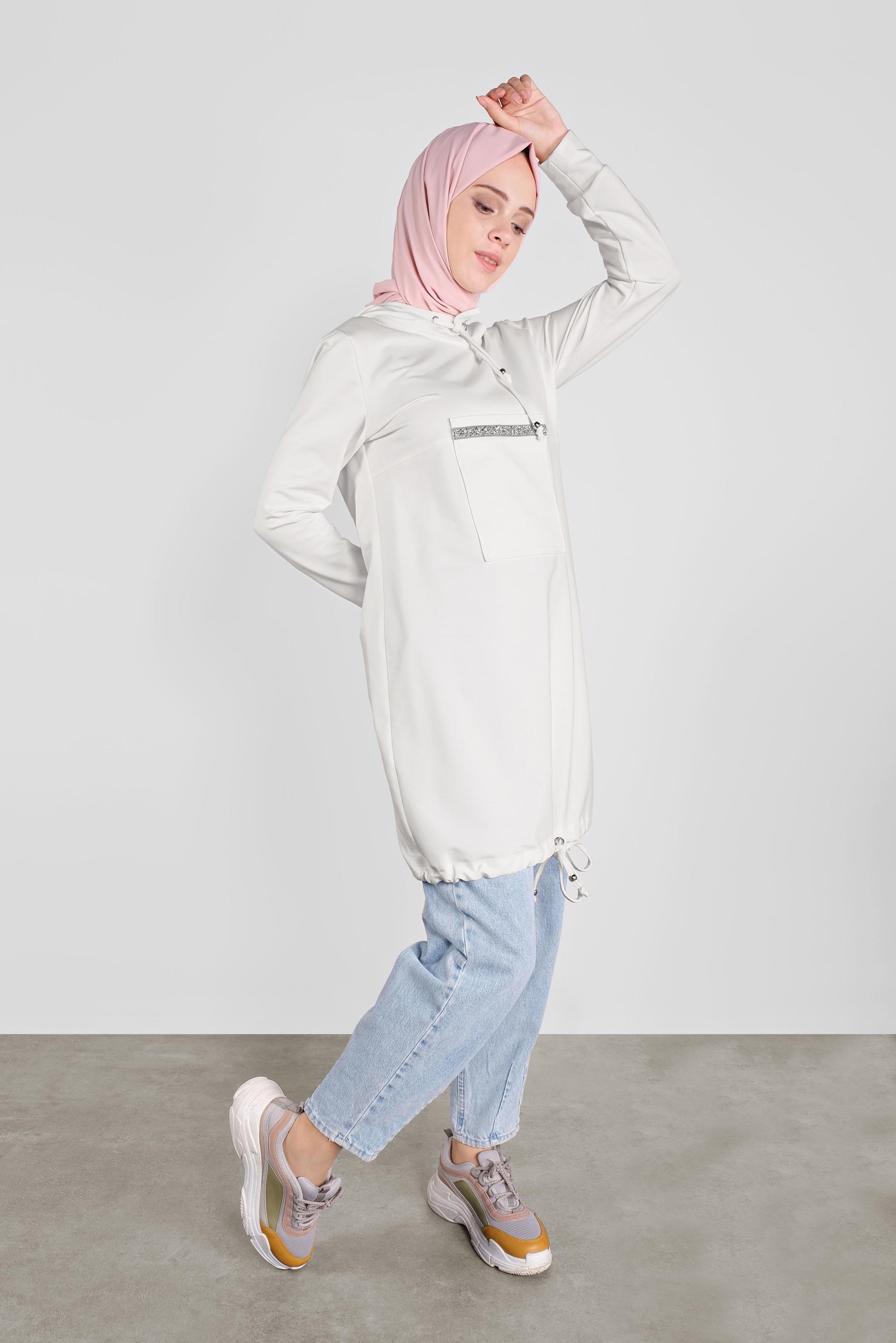 Tesettür giyim BEYAZ TAŞ ŞERİT DETAYLI EŞOFMAN TUNİK 41155