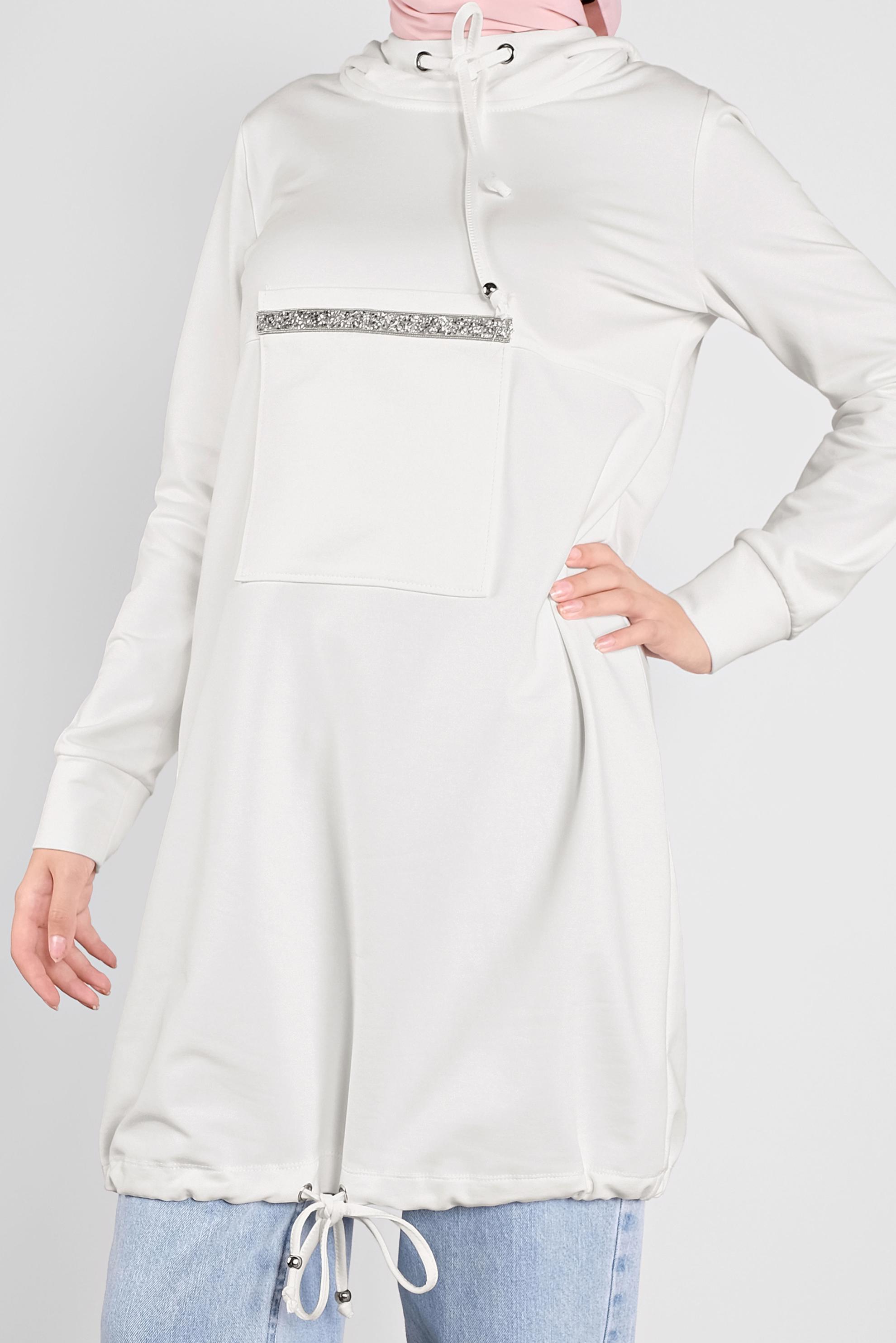 Tesettür giyim BEYAZ TAŞ ŞERİT DETAYLI EŞOFMAN TUNİK 41155