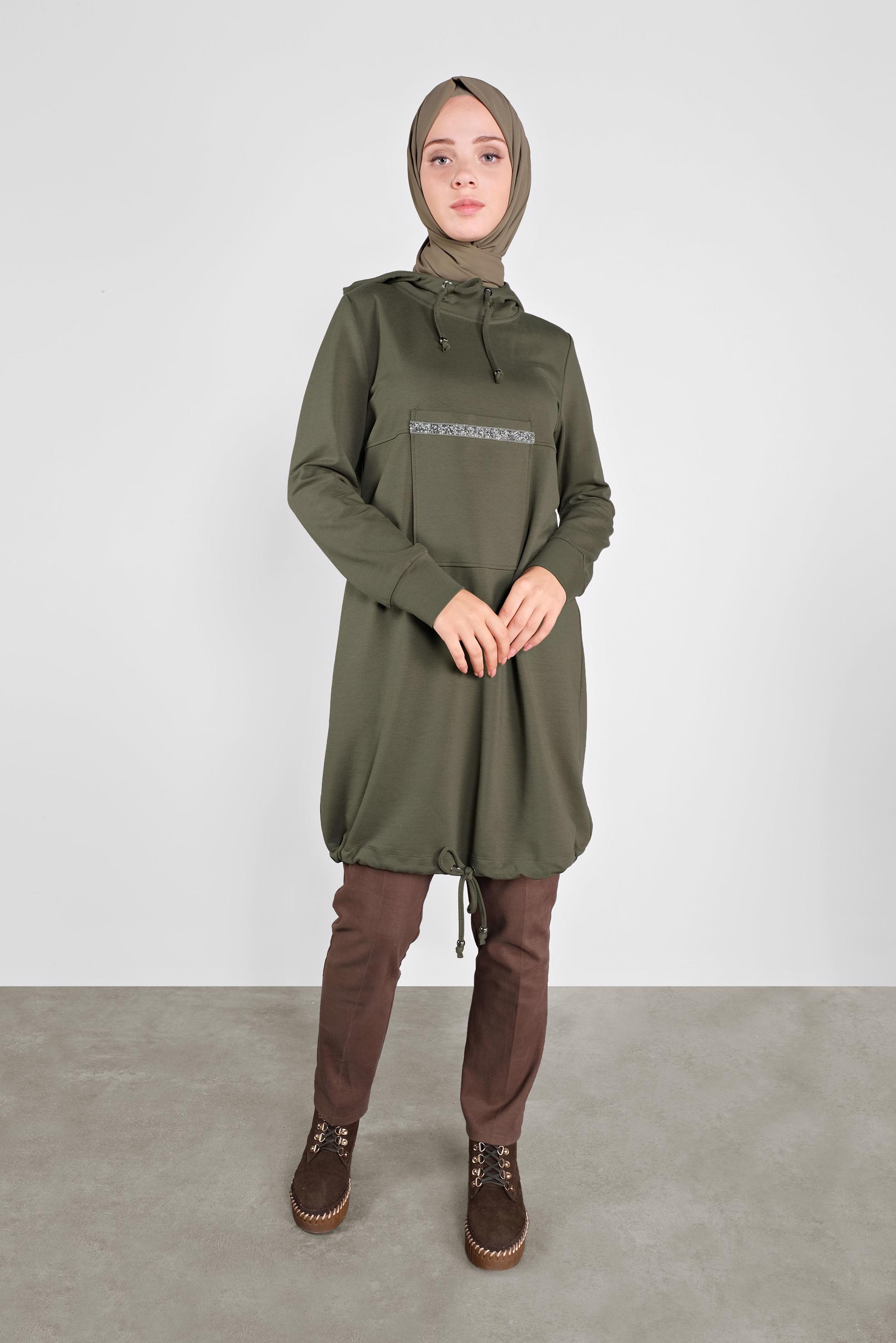 Tesettür giyim HAKİ TAŞ ŞERİT DETAYLI EŞOFMAN TUNİK 41155