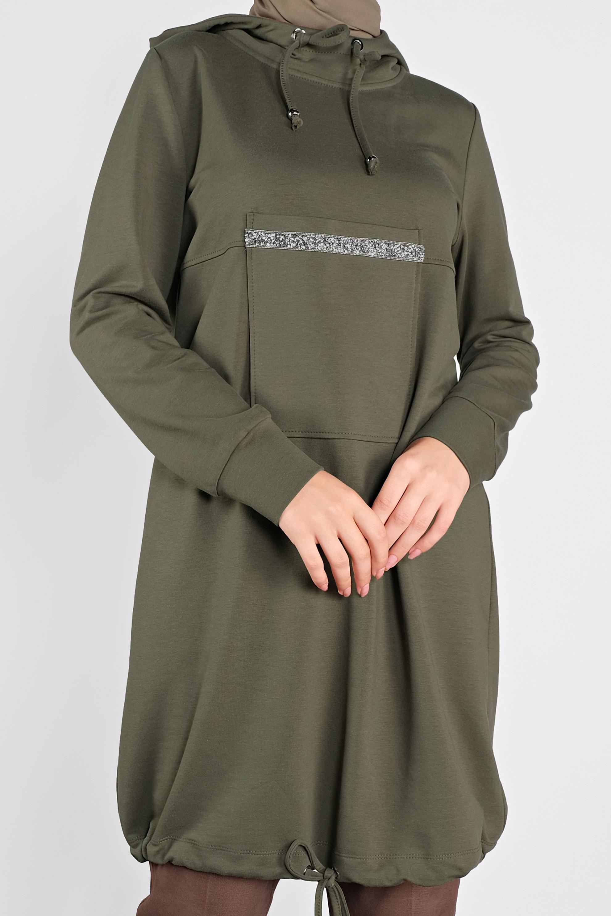 Tesettür giyim HAKİ TAŞ ŞERİT DETAYLI EŞOFMAN TUNİK 41155