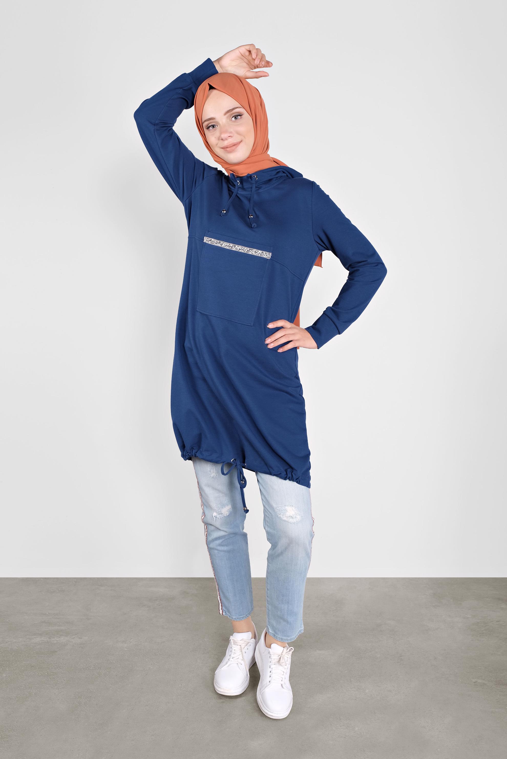 Tesettür giyim LACİVERT TAŞ ŞERİT DETAYLI EŞOFMAN TUNİK 41155