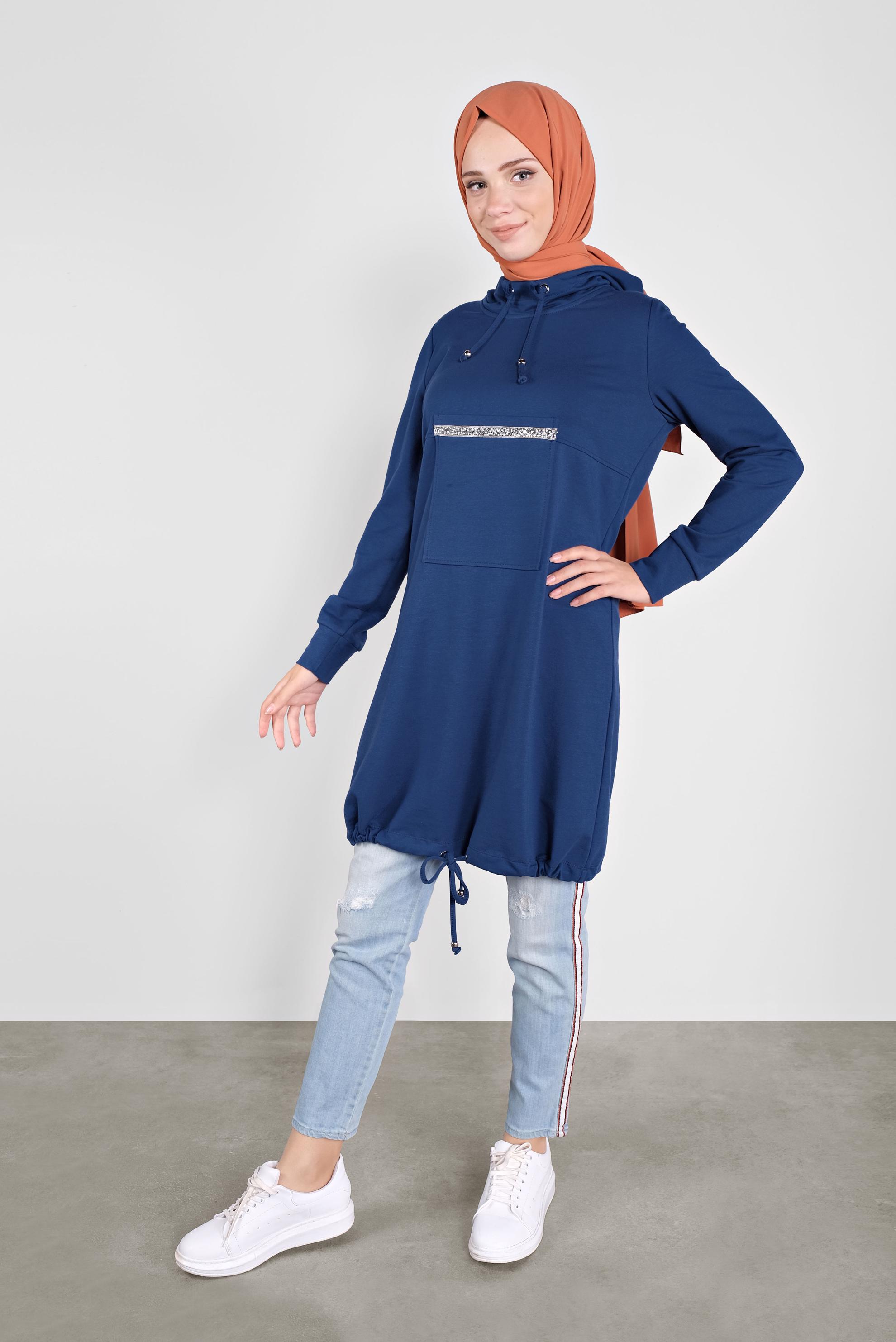 Tesettür giyim LACİVERT TAŞ ŞERİT DETAYLI EŞOFMAN TUNİK 41155
