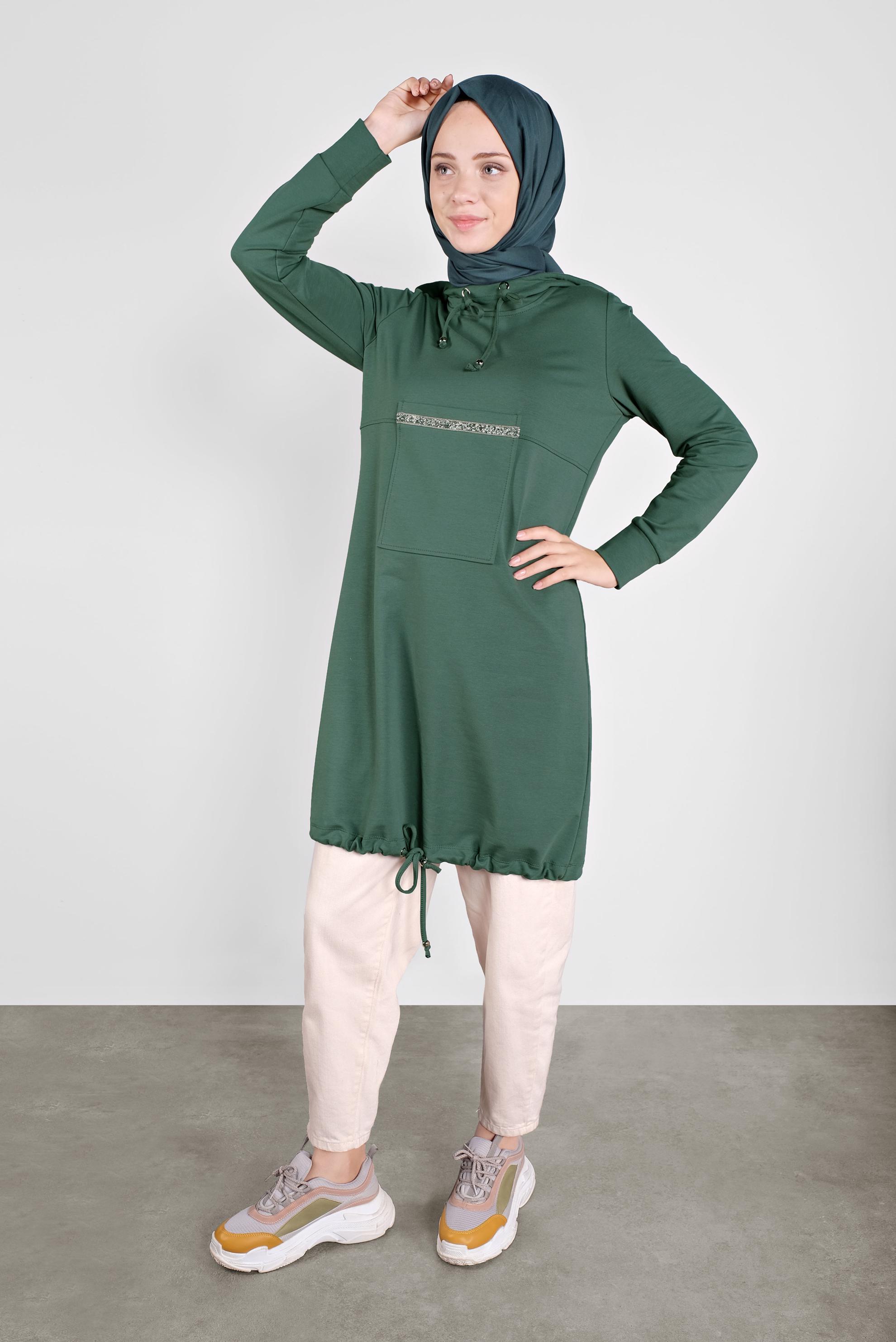 Tesettür giyim YEŞİL TAŞ ŞERİT DETAYLI EŞOFMAN TUNİK 41155
