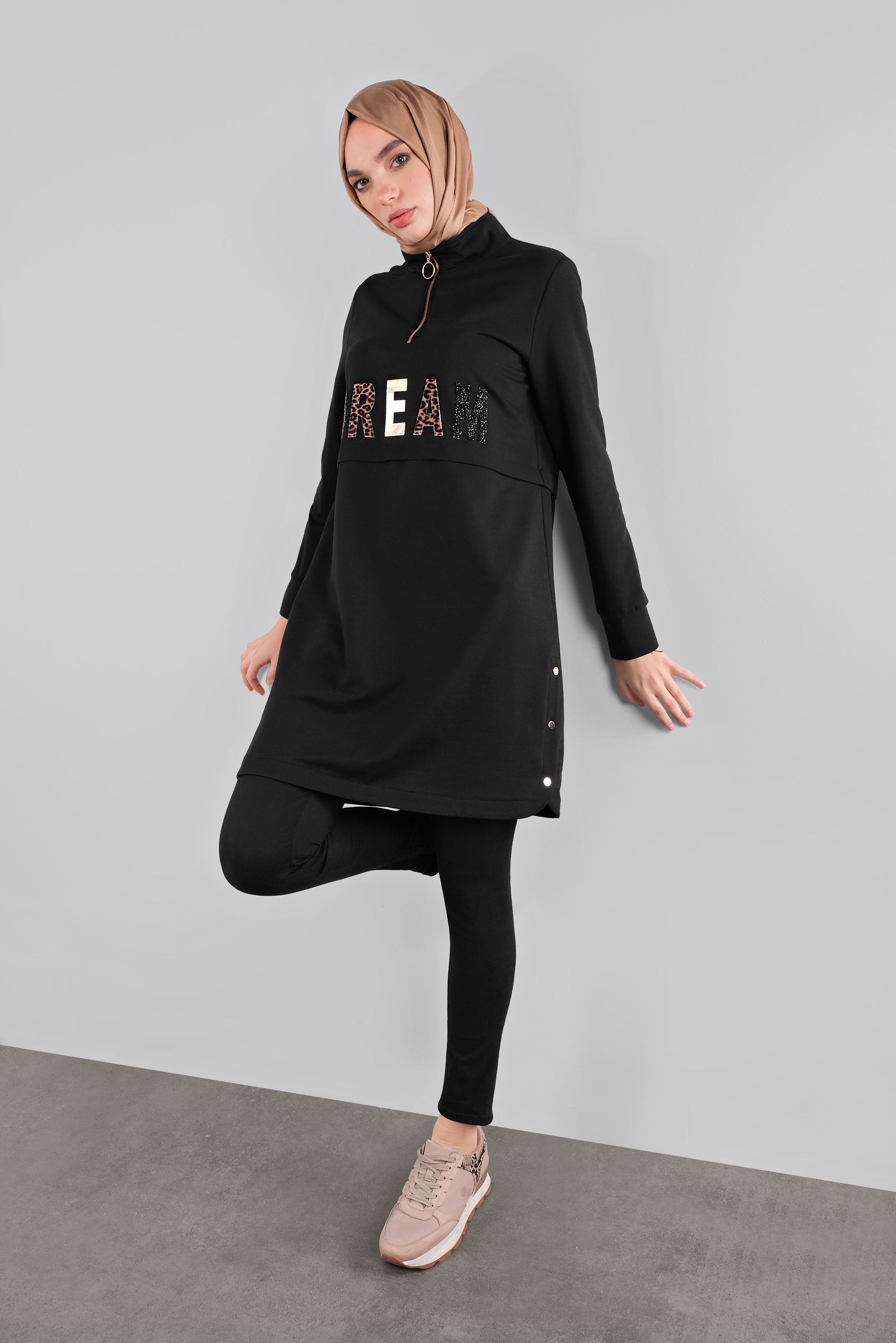 Tesettür giyim SİYAH YALDIZ BASKILI FERMUARLI EŞOFMAN TUNİK 41157