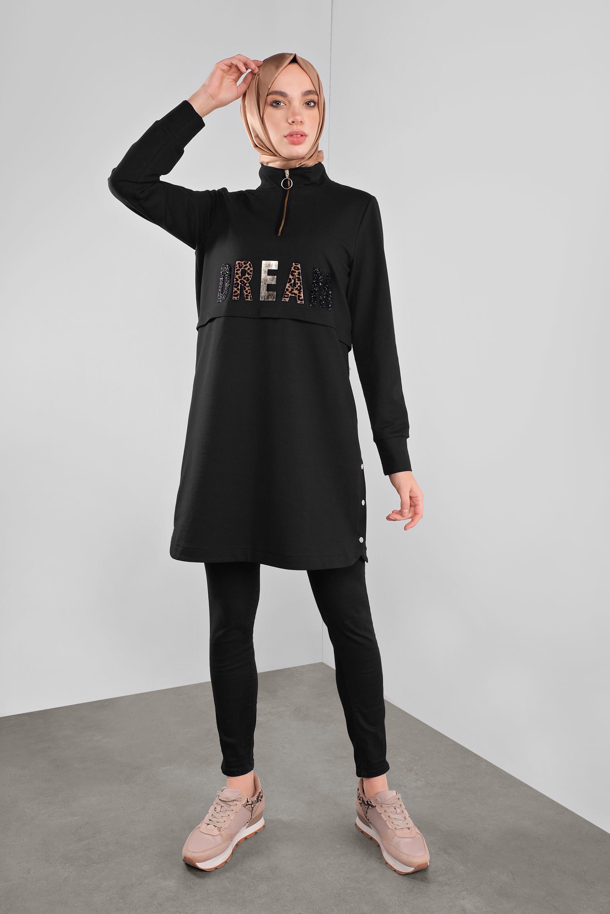 Tesettür giyim SİYAH YALDIZ BASKILI FERMUARLI EŞOFMAN TUNİK 41157