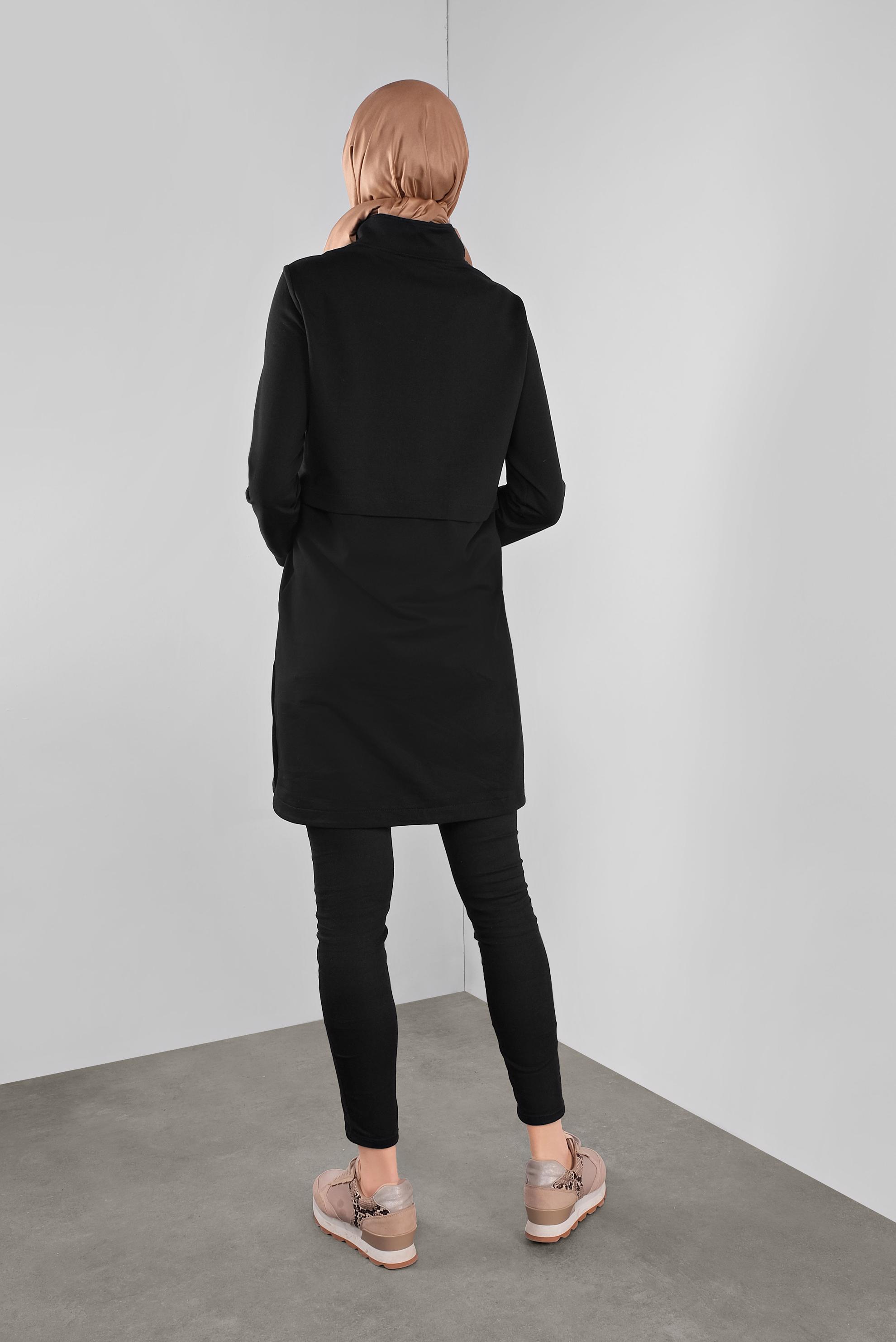 Tesettür giyim SİYAH YALDIZ BASKILI FERMUARLI EŞOFMAN TUNİK 41157