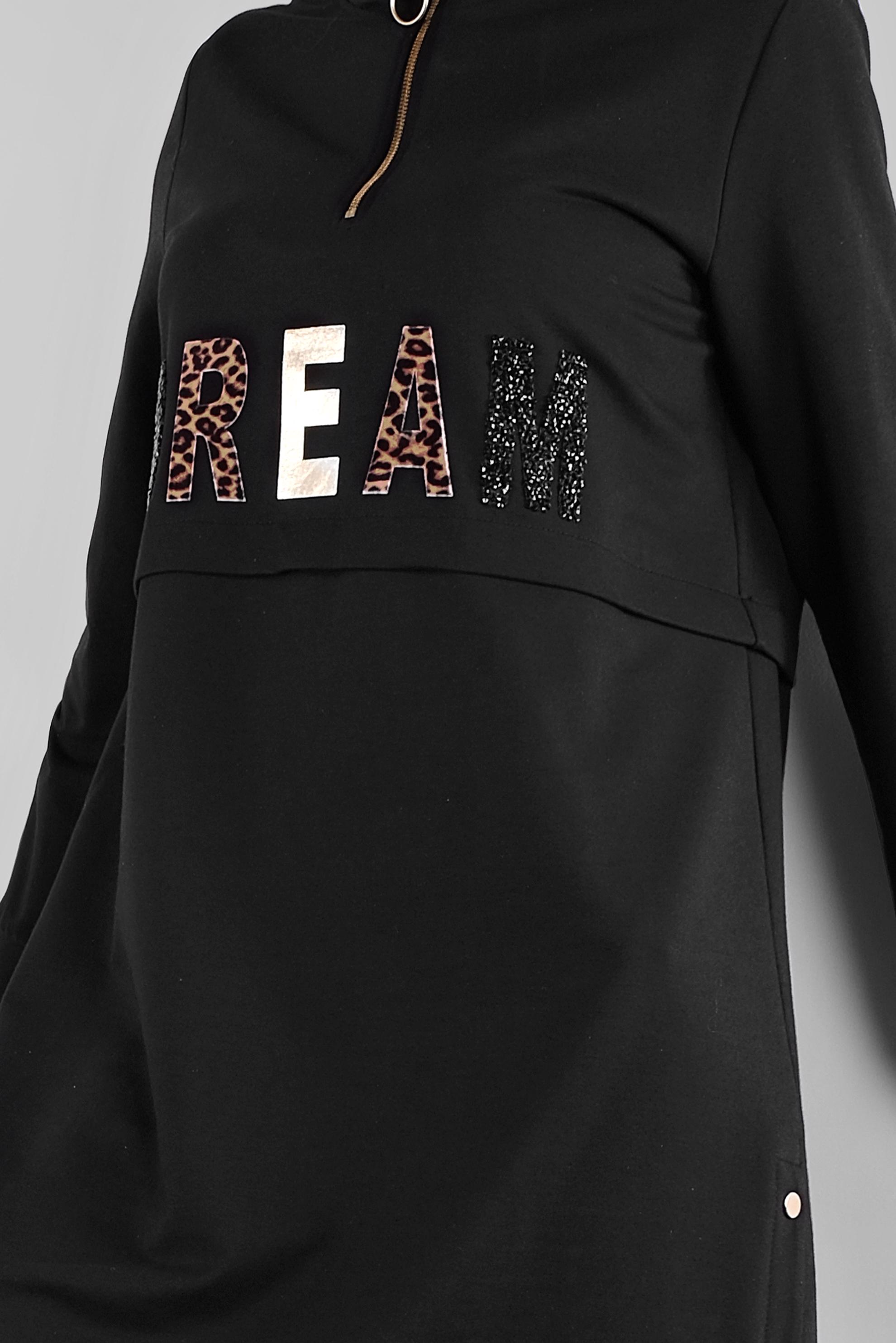 Tesettür giyim SİYAH YALDIZ BASKILI FERMUARLI EŞOFMAN TUNİK 41157