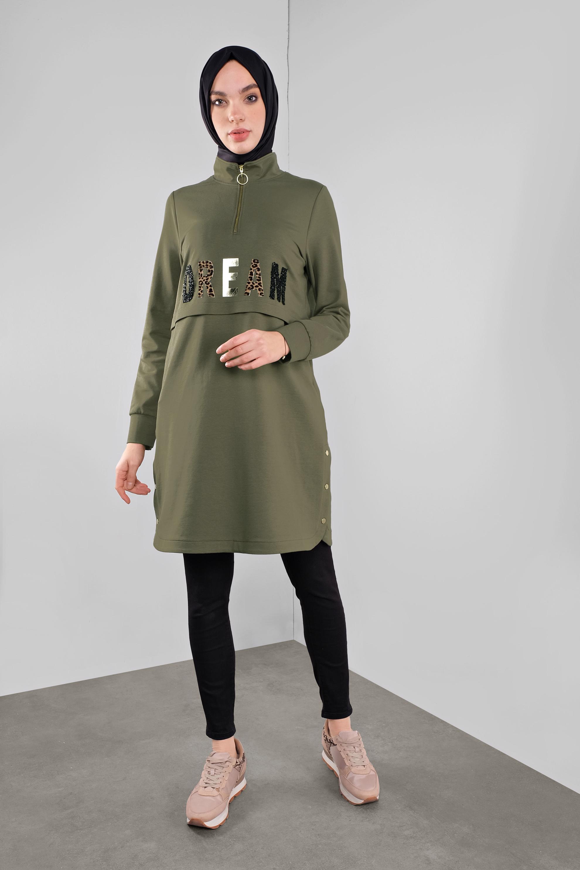 Tesettür giyim HAKİ YALDIZ BASKILI FERMUARLI EŞOFMAN TUNİK 41157