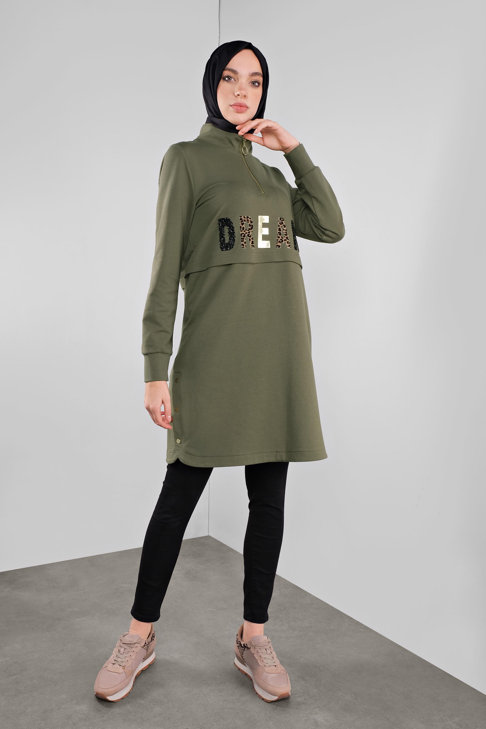 Tesettür giyim HAKİ YALDIZ BASKILI FERMUARLI EŞOFMAN TUNİK 41157