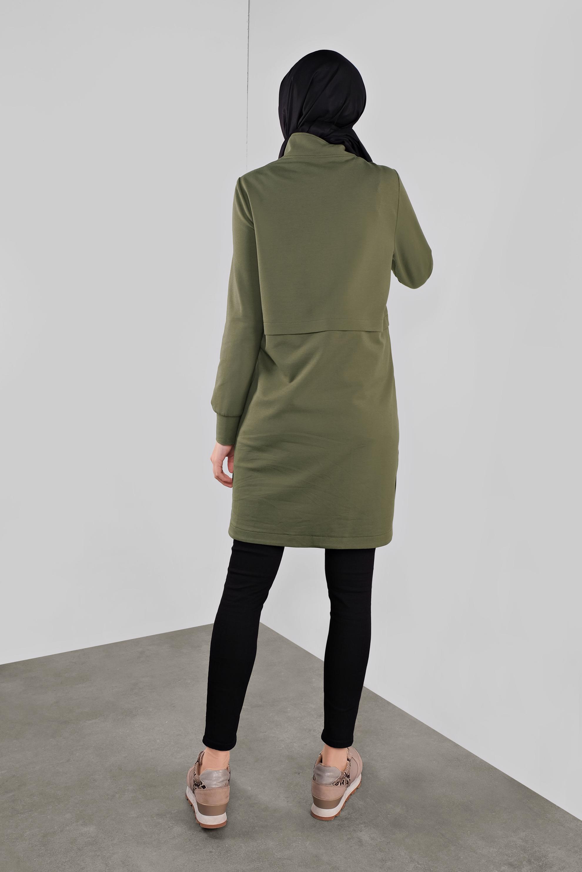 Tesettür giyim HAKİ YALDIZ BASKILI FERMUARLI EŞOFMAN TUNİK 41157