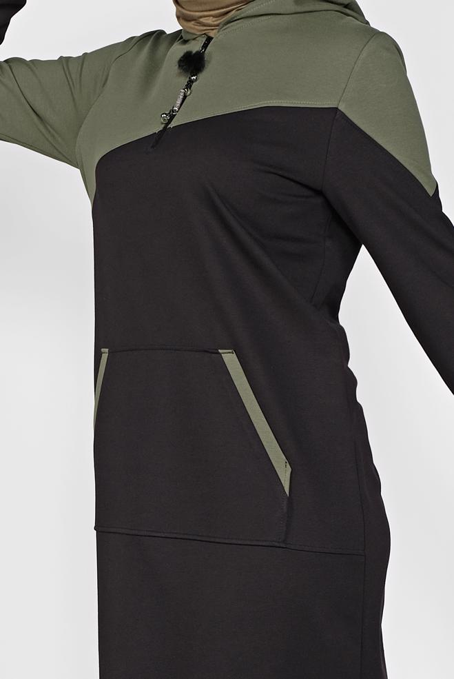 Tesettür giyim SİYAH KAPÜŞONLU CEP DETAYLI EŞOFMAN ELBİSE 41158 - ALVİNA