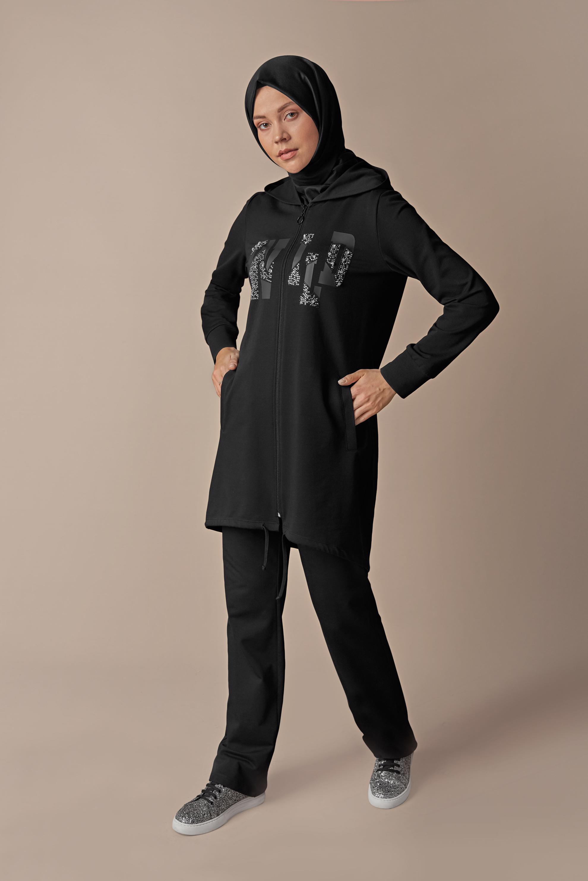 Tesettür giyim SİYAH BASKILI EŞOFMAN TAKIMI 41168 