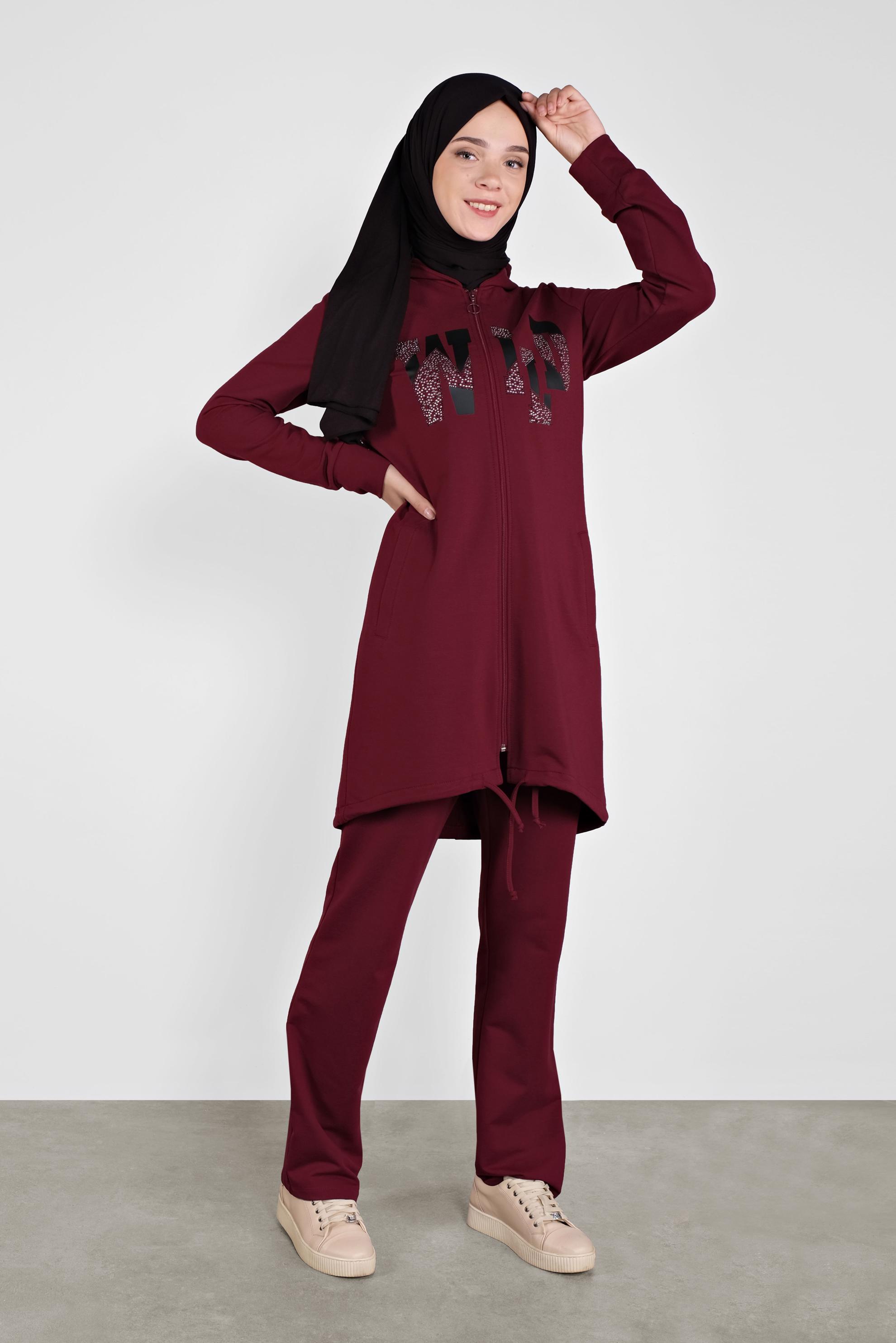 Tesettür giyim BORDO BASKILI EŞOFMAN TAKIMI 41168 