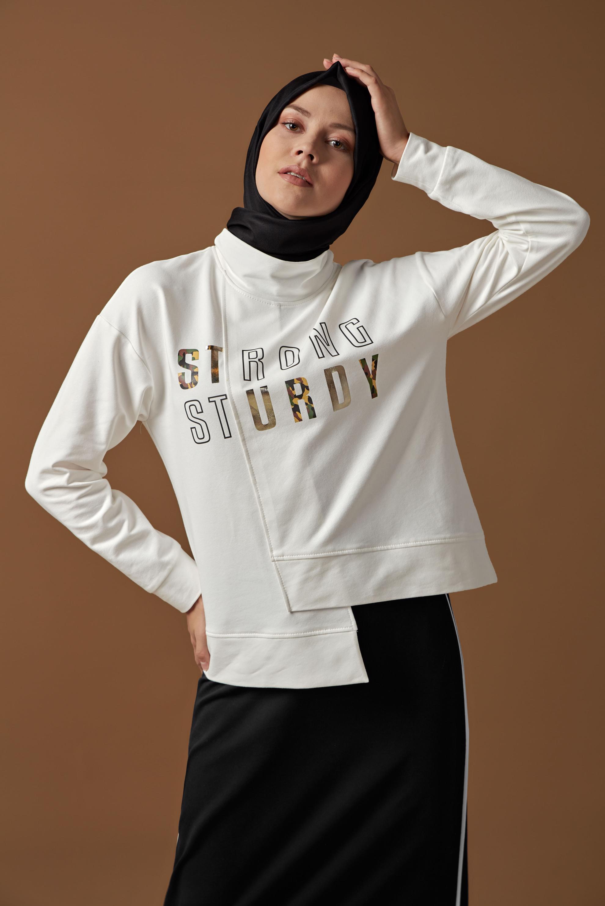 Tesettür giyim SİYAH ASİMETRİK KESİM YAZI BASKILI İKİLİ ETEKLİ EŞOFMAN TAKIM 41203