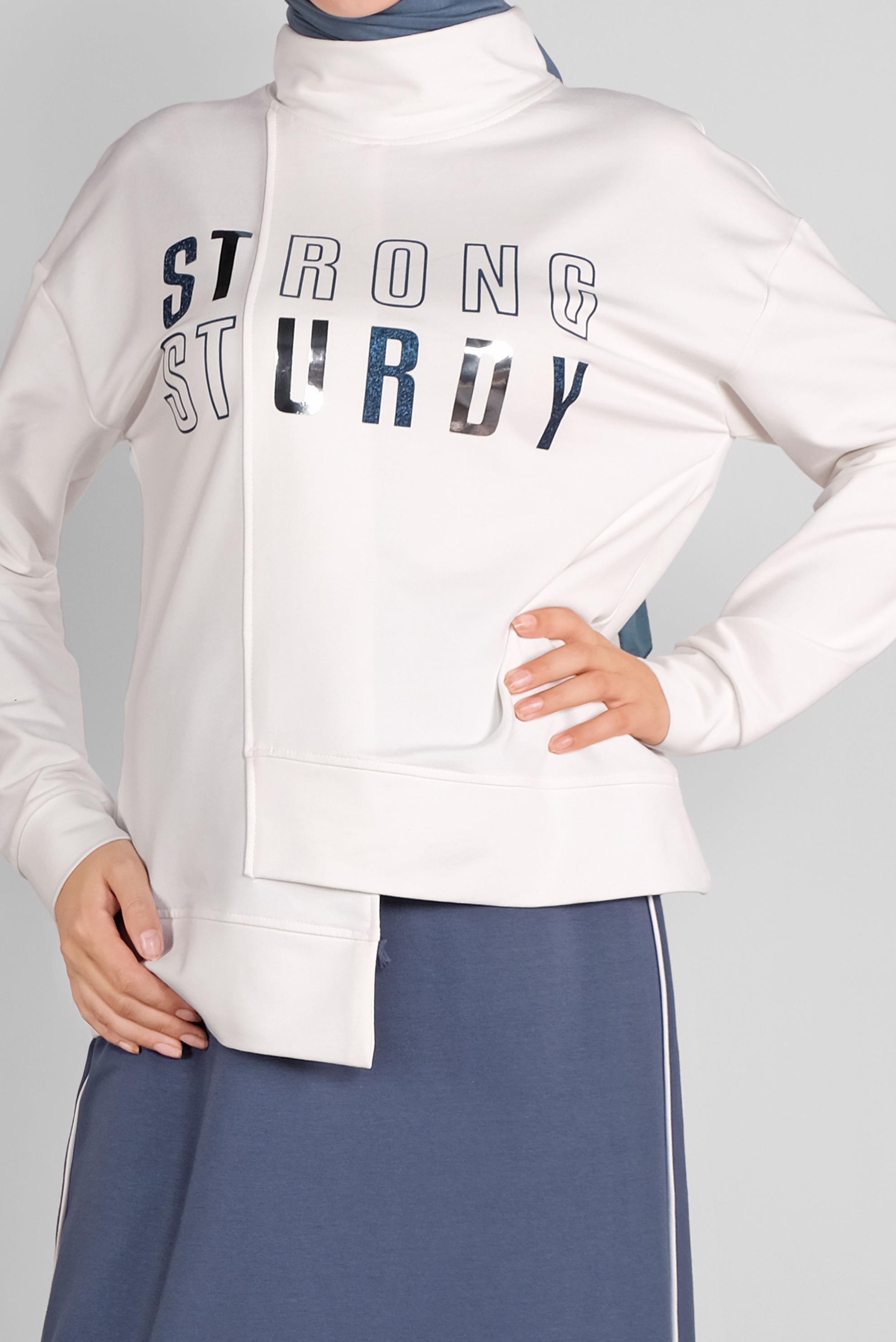 Tesettür giyim MAVİ ASİMETRİK KESİM YAZI BASKILI İKİLİ ETEKLİ EŞOFMAN TAKIM 41203