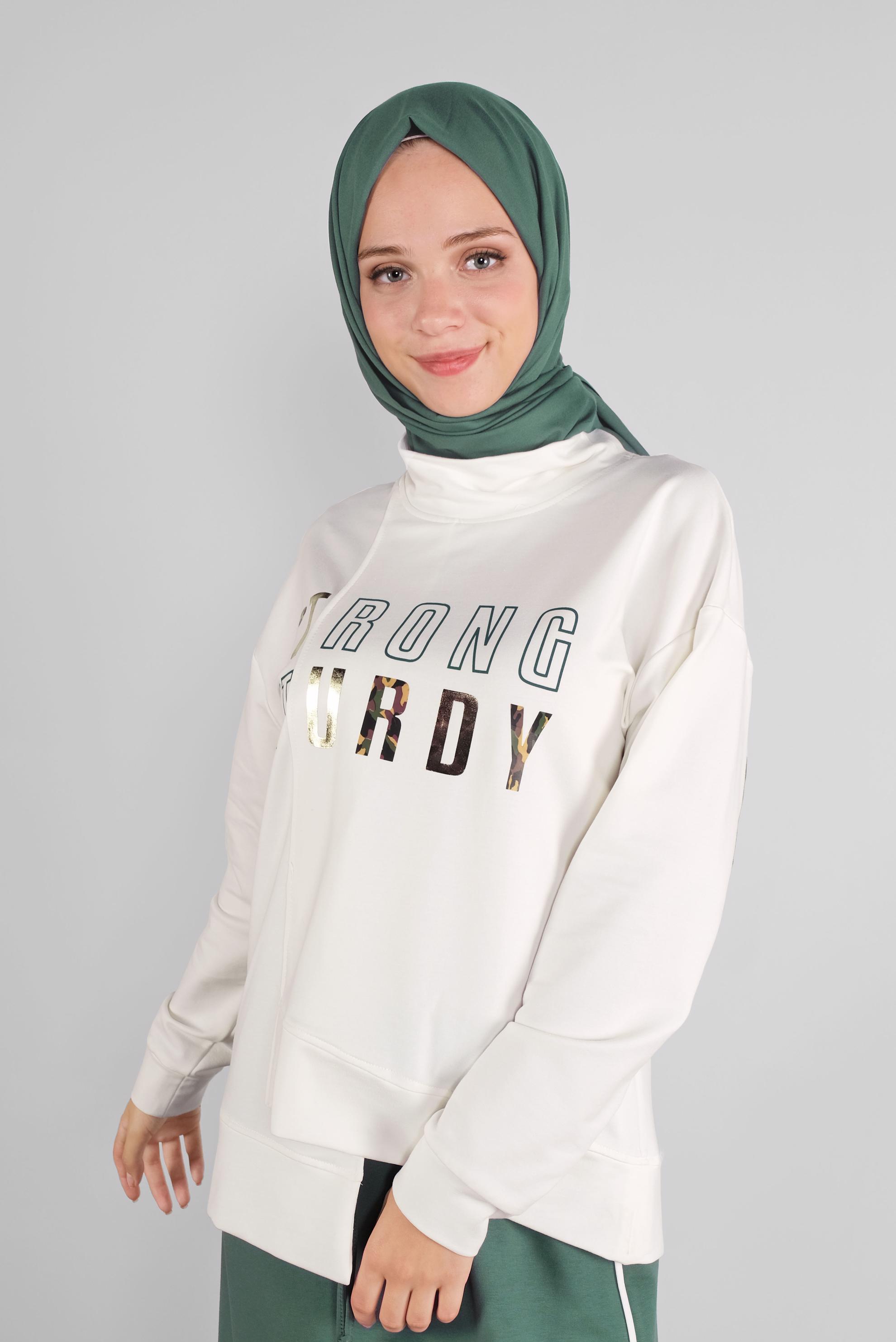 Tesettür giyim YEŞİL ASİMETRİK KESİM YAZI BASKILI İKİLİ ETEKLİ EŞOFMAN TAKIM 41203