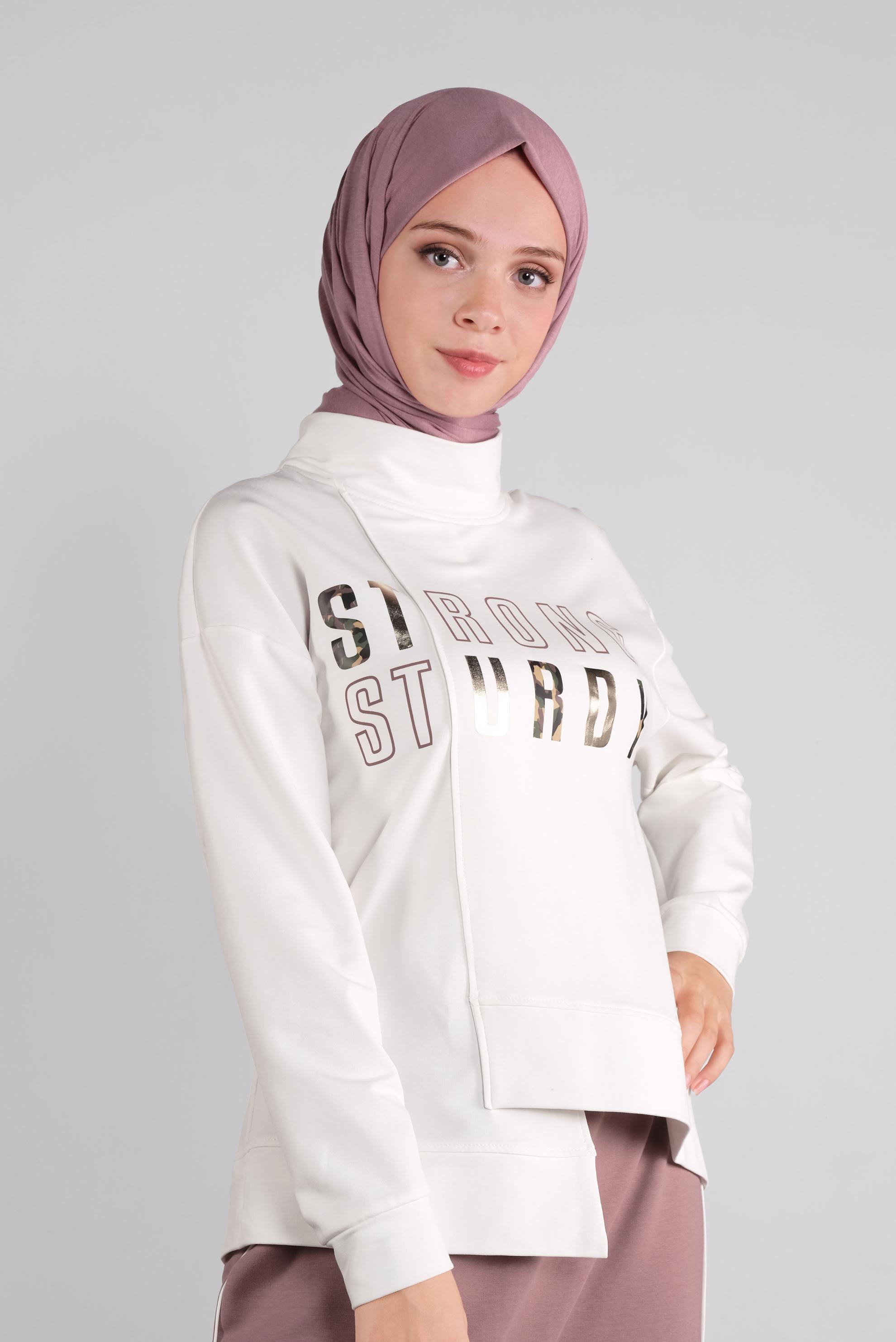 Tesettür giyim PEMBE ASİMETRİK KESİM YAZI BASKILI İKİLİ ETEKLİ EŞOFMAN TAKIM 41203