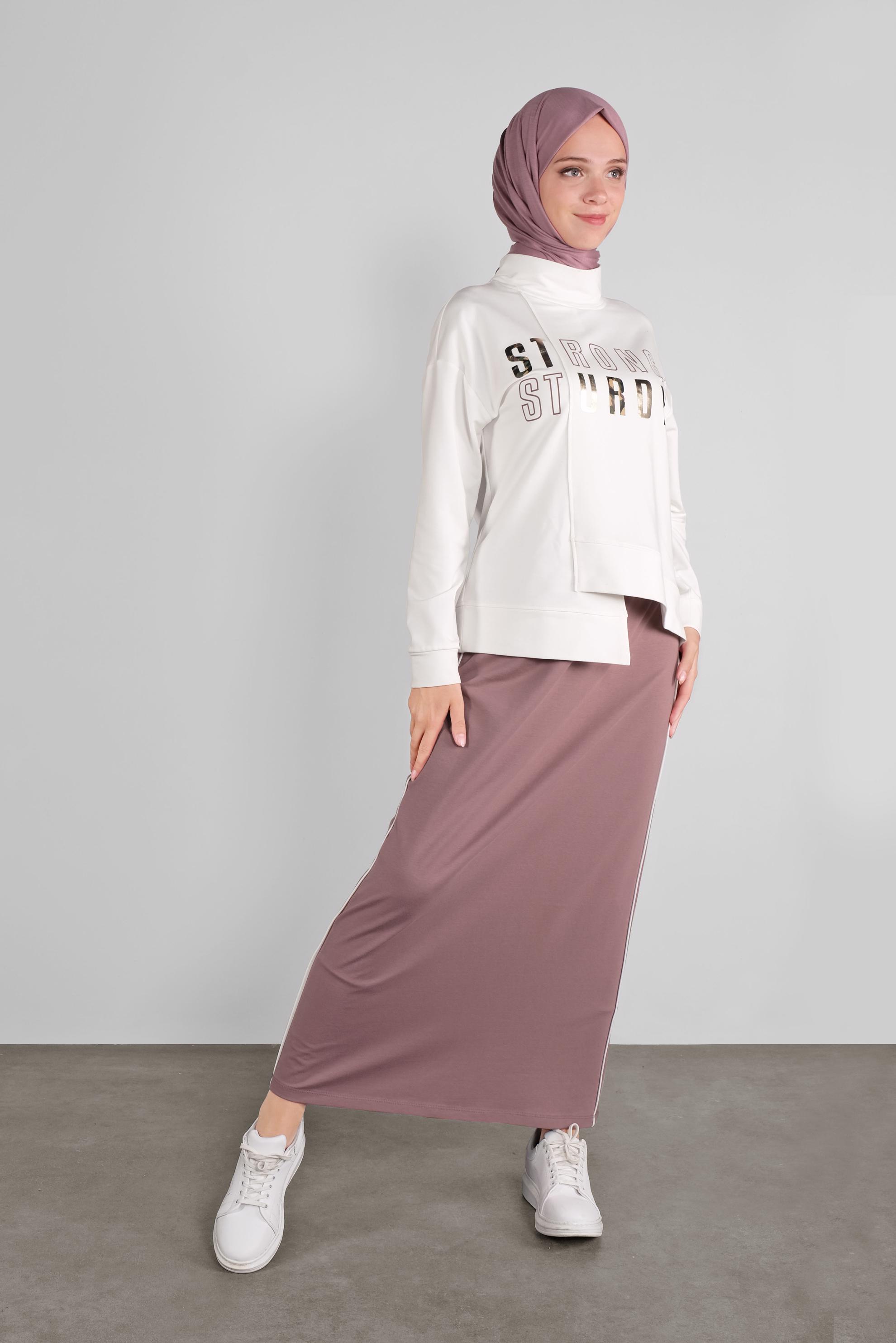 Tesettür giyim PEMBE ASİMETRİK KESİM YAZI BASKILI İKİLİ ETEKLİ EŞOFMAN TAKIM 41203
