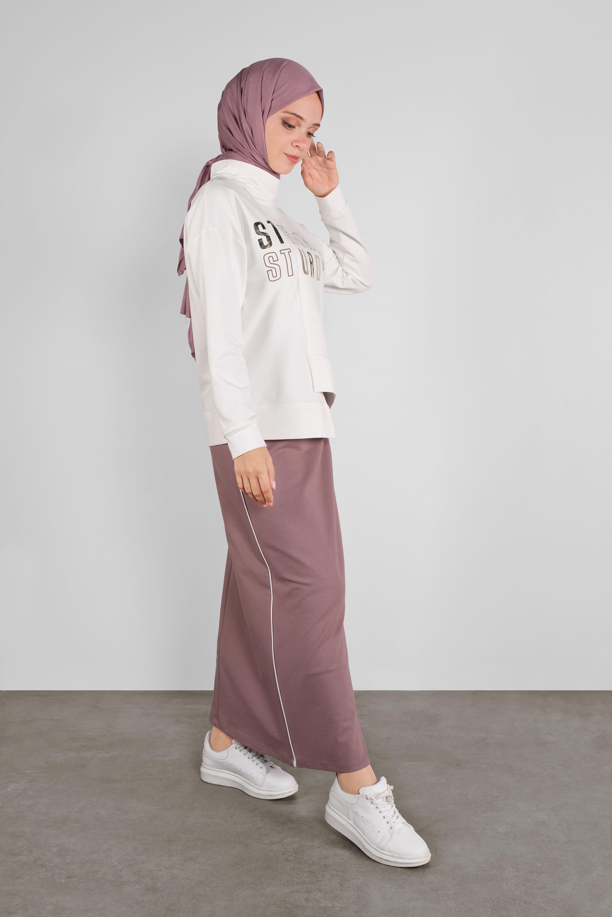 Tesettür giyim PEMBE ASİMETRİK KESİM YAZI BASKILI İKİLİ ETEKLİ EŞOFMAN TAKIM 41203
