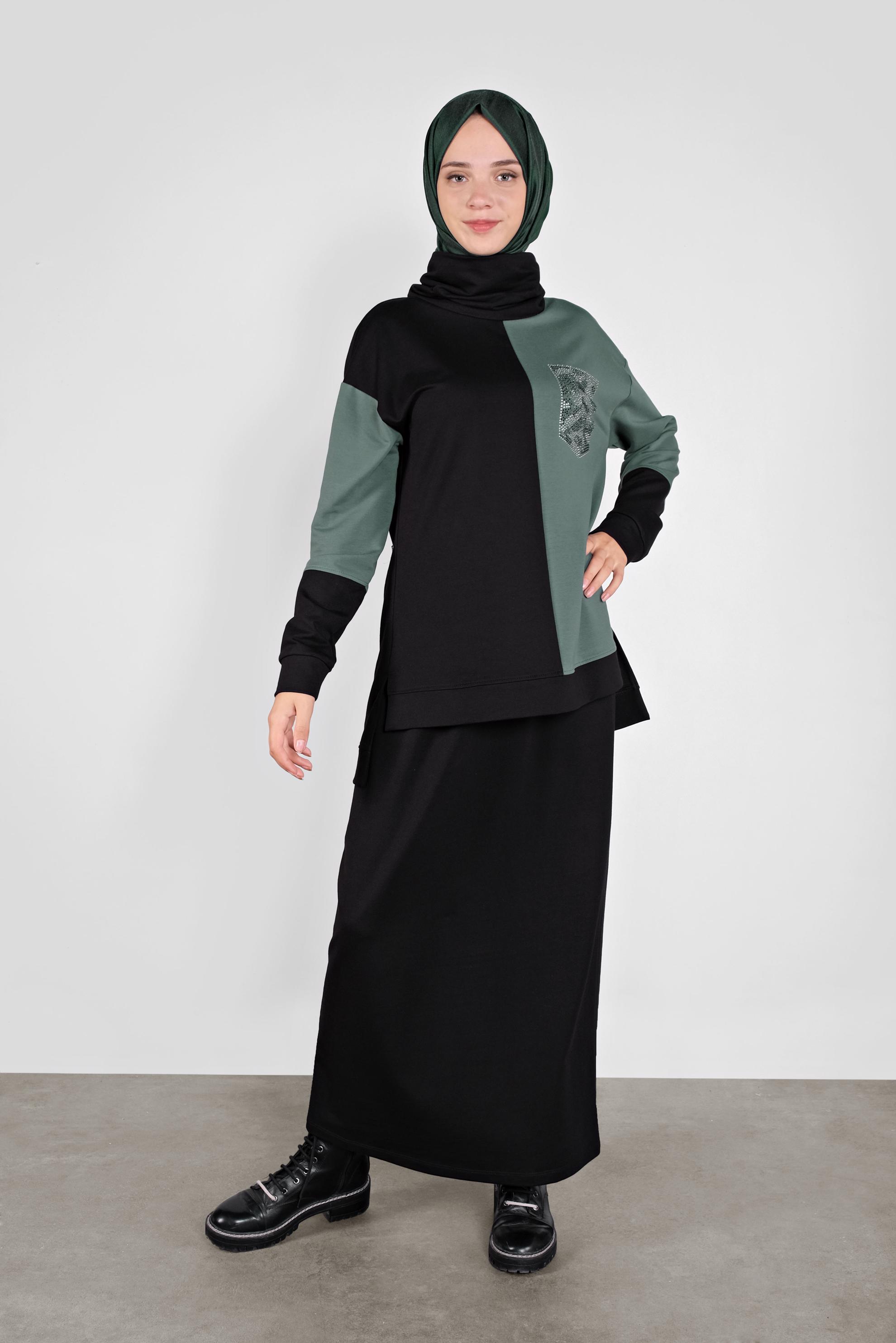 Tesettür giyim SİYAH İKİ RENKLİ CEP DETAYLI İKİLİ EŞOFMAN TAKIM 41204