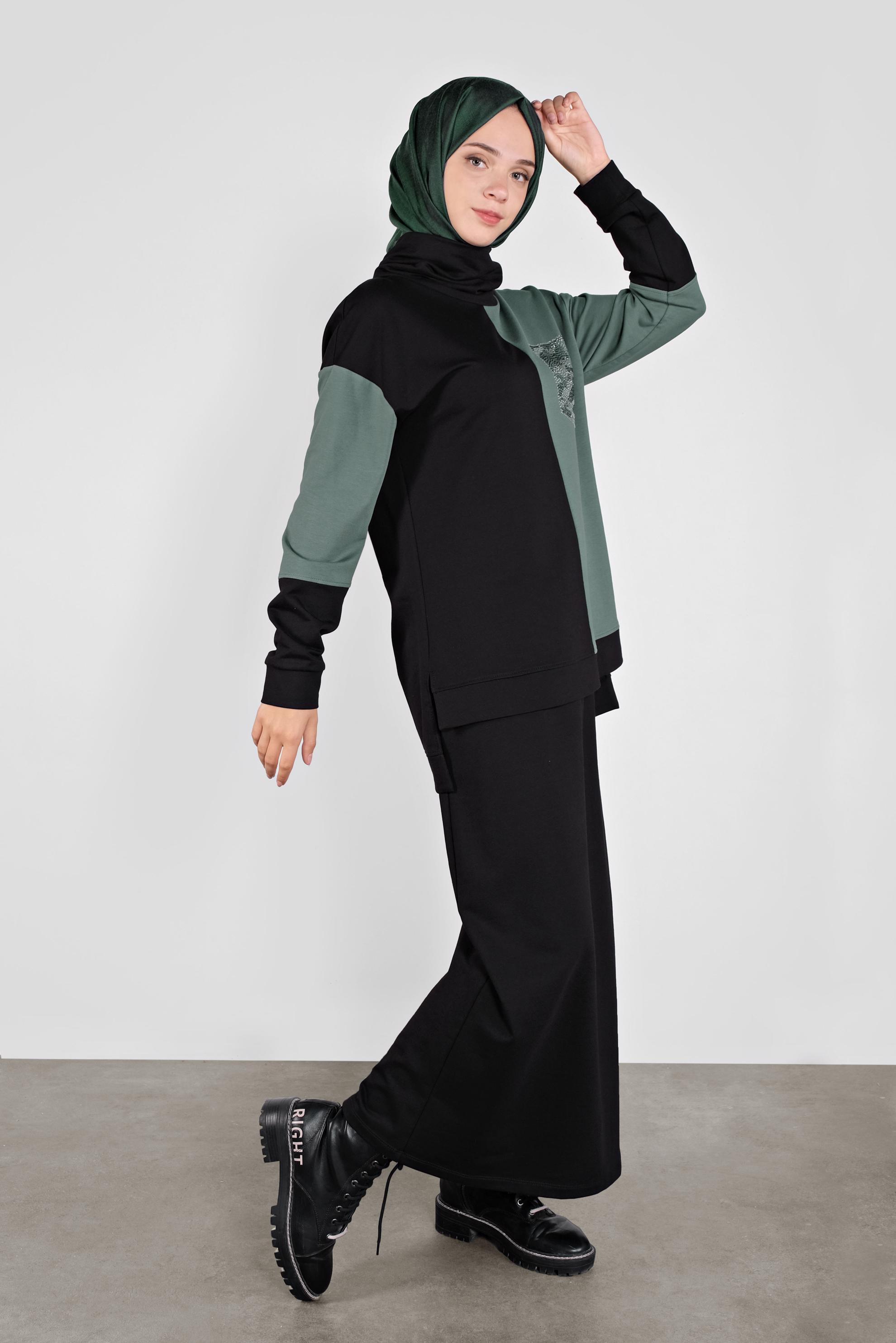 Tesettür giyim SİYAH İKİ RENKLİ CEP DETAYLI İKİLİ EŞOFMAN TAKIM 41204