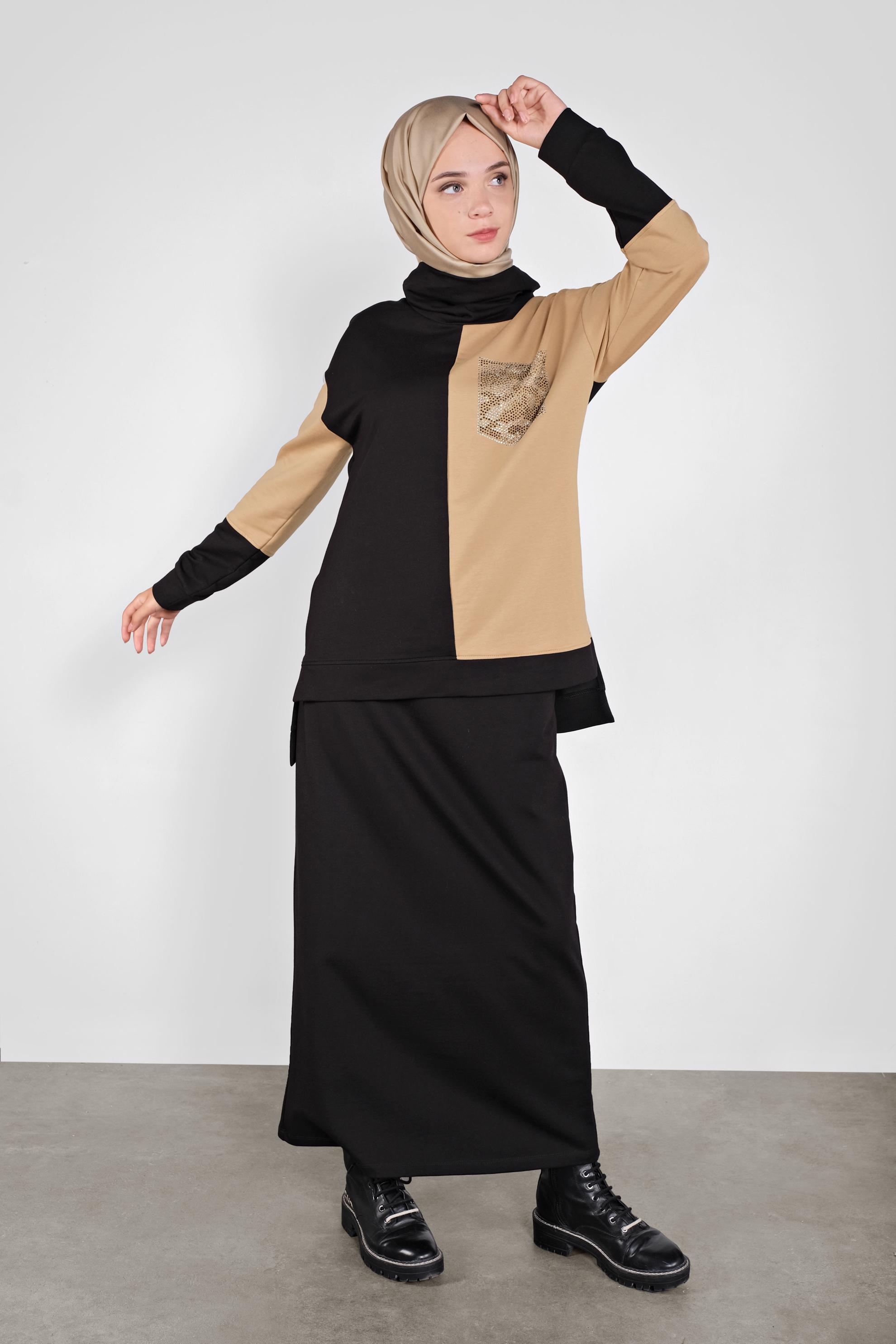 Tesettür giyim BEJ İKİ RENKLİ CEP DETAYLI İKİLİ EŞOFMAN TAKIM 41204
