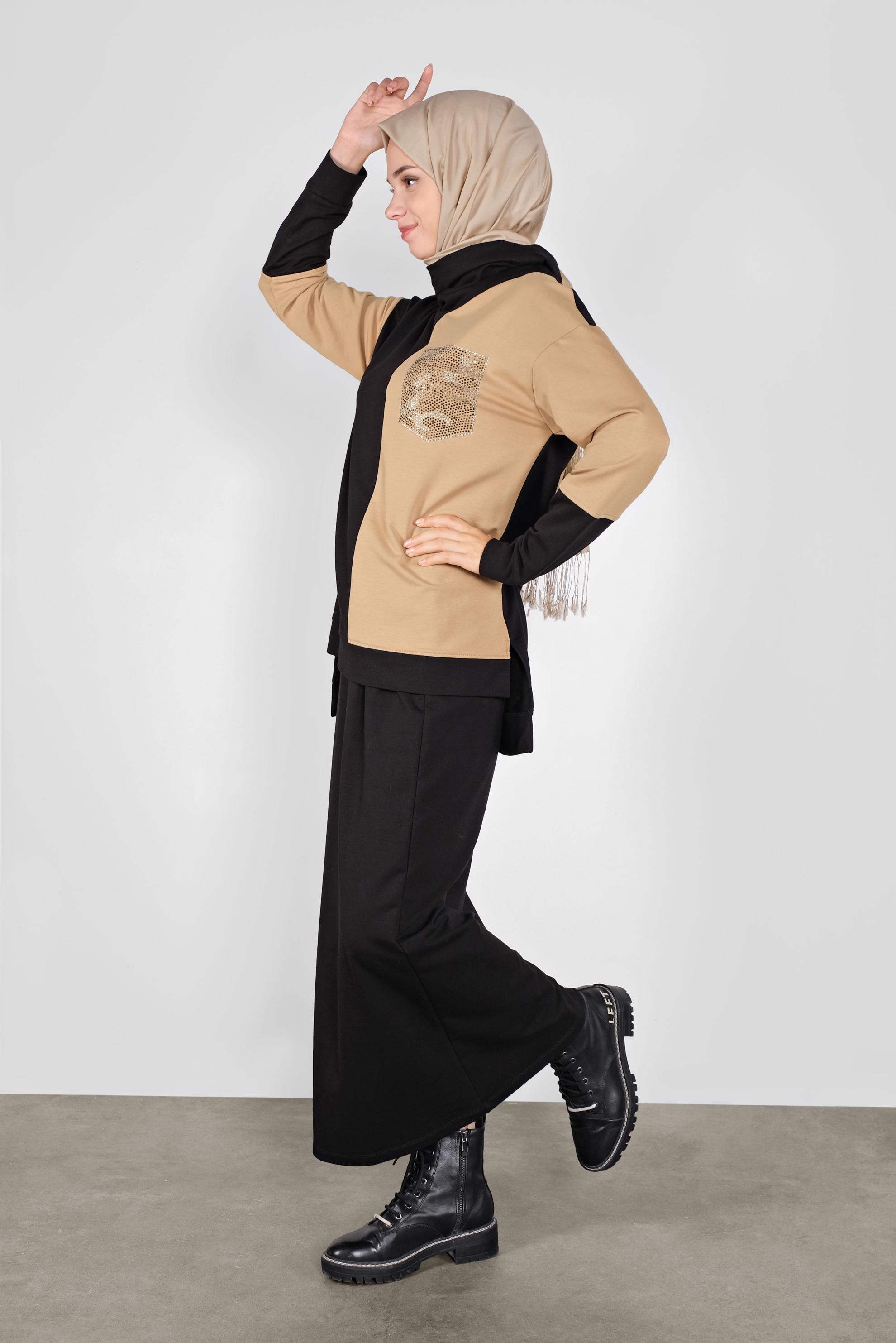 Tesettür giyim BEJ İKİ RENKLİ CEP DETAYLI İKİLİ EŞOFMAN TAKIM 41204