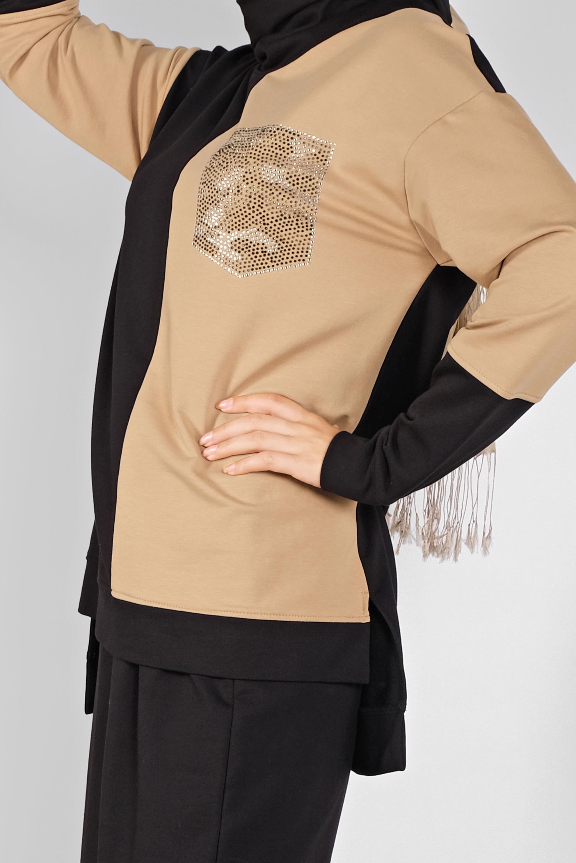 Tesettür giyim BEJ İKİ RENKLİ CEP DETAYLI İKİLİ EŞOFMAN TAKIM 41204