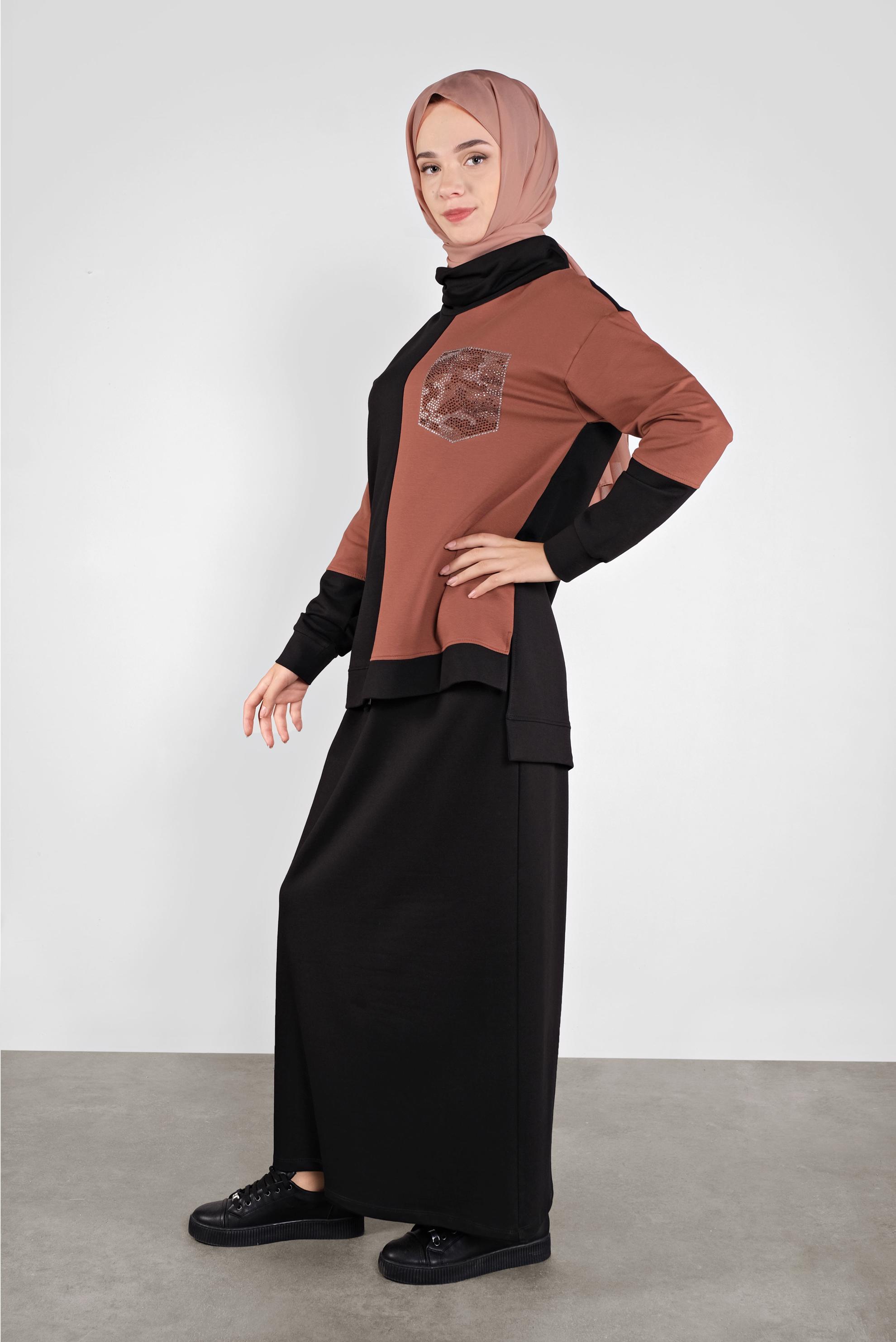 Tesettür giyim SİYAH İKİ RENKLİ CEP DETAYLI İKİLİ EŞOFMAN TAKIM 41204