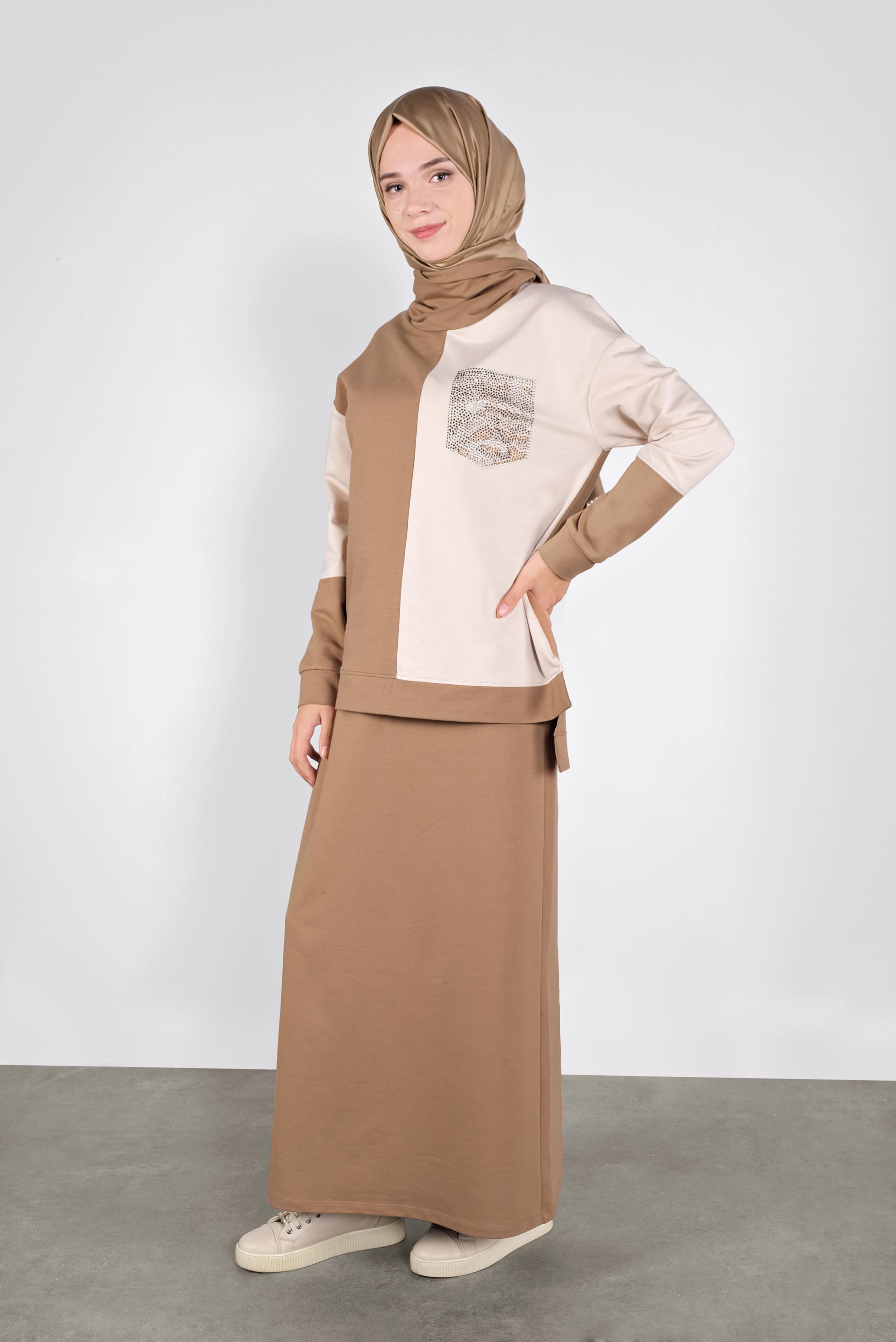 Tesettür giyim KAHVE İKİ RENKLİ CEP DETAYLI İKİLİ EŞOFMAN TAKIM 41204