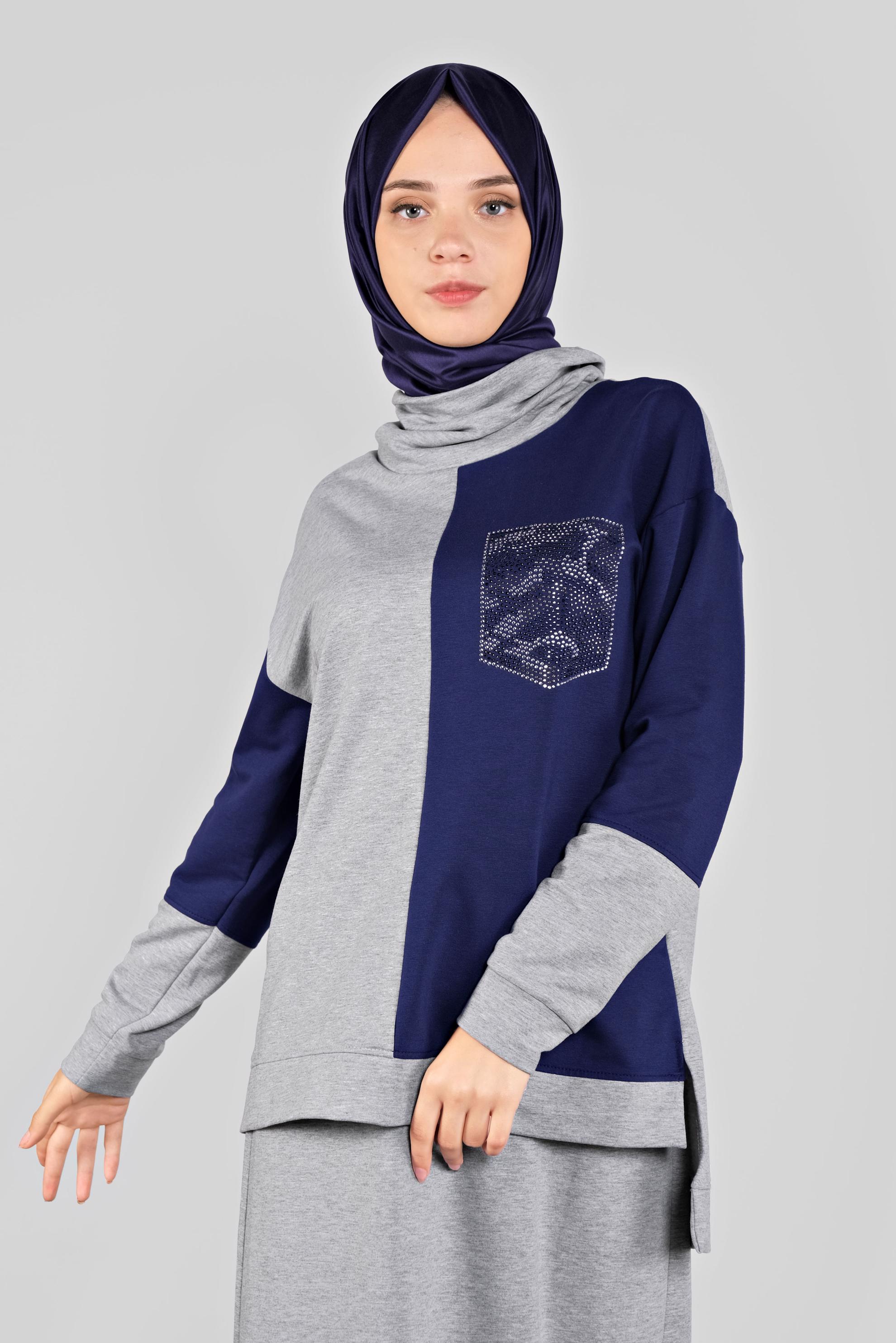 Tesettür giyim GRİ İKİ RENKLİ CEP DETAYLI İKİLİ EŞOFMAN TAKIM 41204