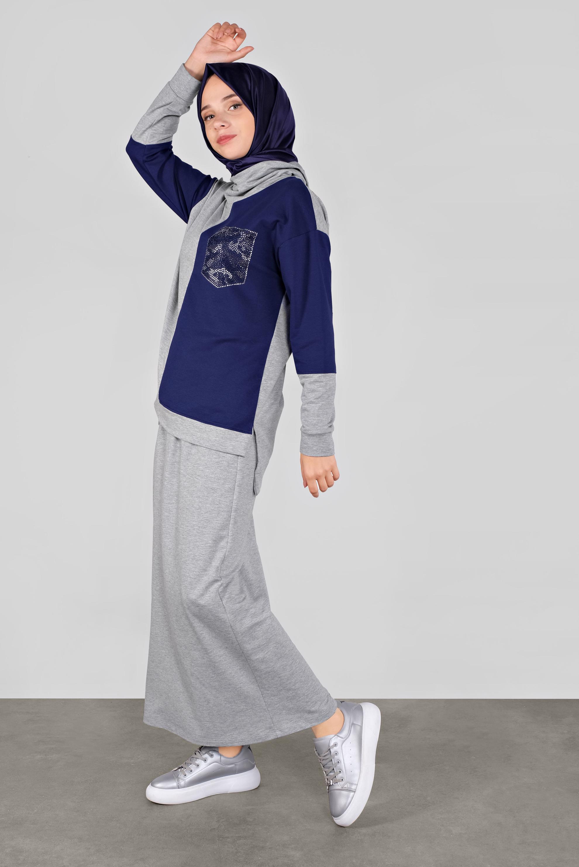 Tesettür giyim GRİ İKİ RENKLİ CEP DETAYLI İKİLİ EŞOFMAN TAKIM 41204