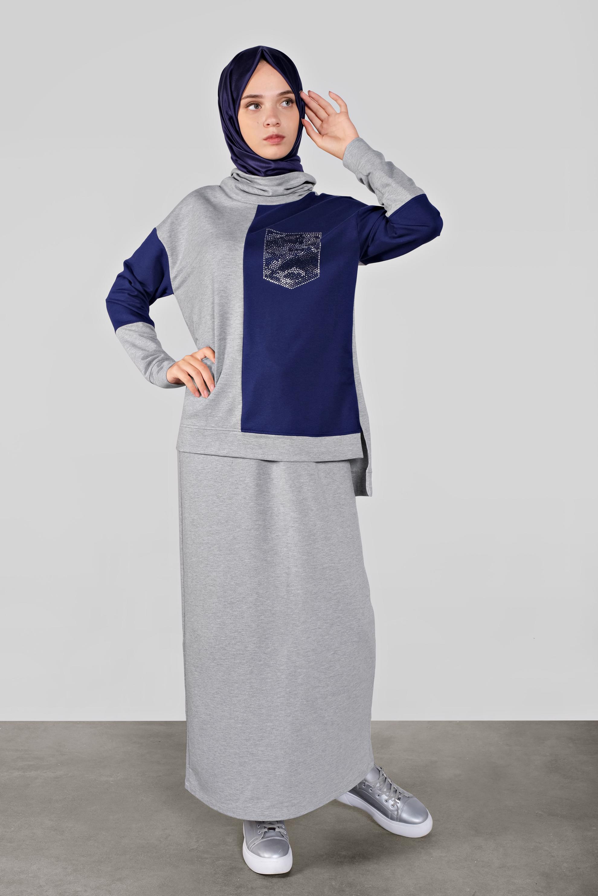 Tesettür giyim GRİ İKİ RENKLİ CEP DETAYLI İKİLİ EŞOFMAN TAKIM 41204