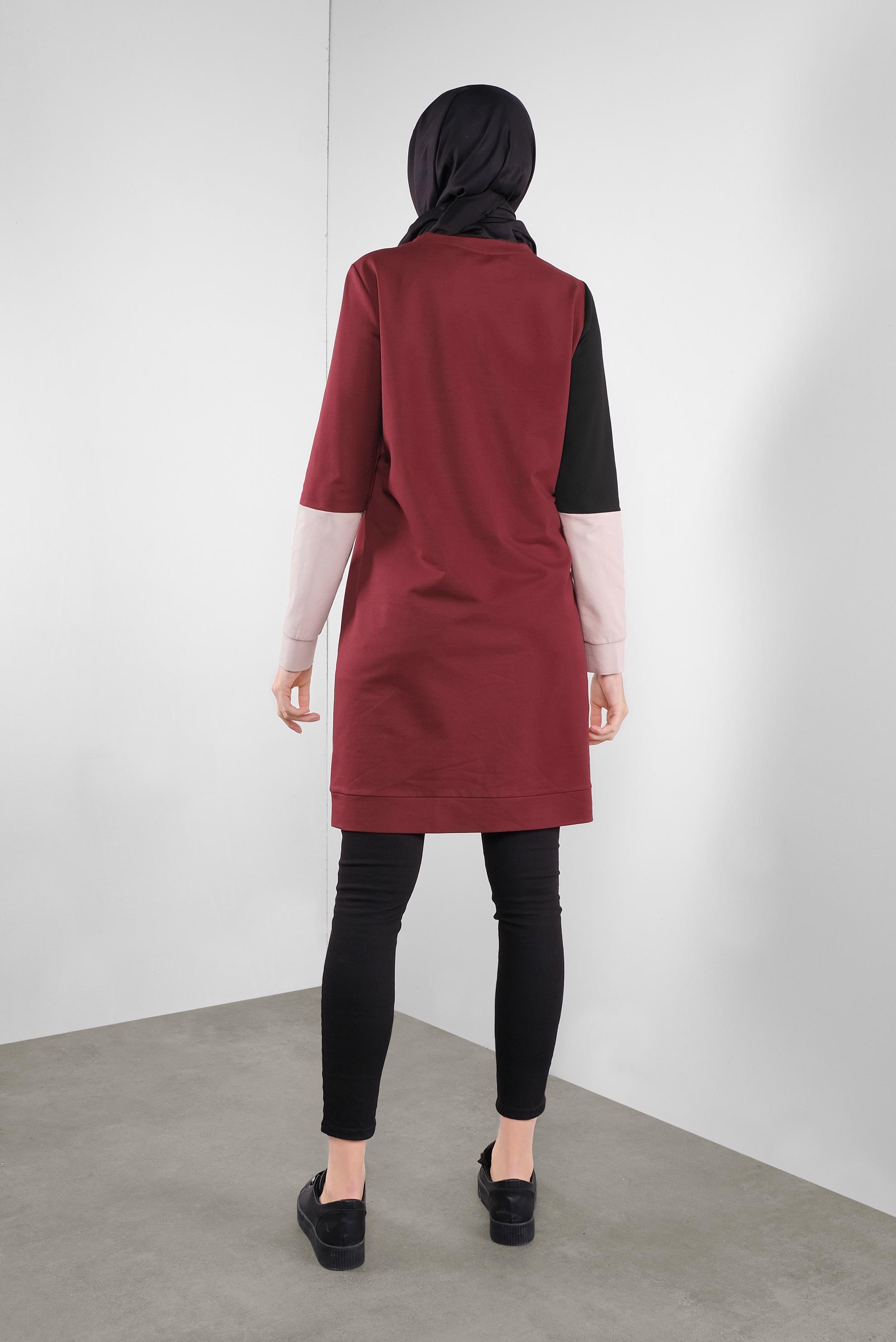 Tesettür giyim BORDO YAZI BASKILI RENKLİ EŞOFMAN TUNİK 41206