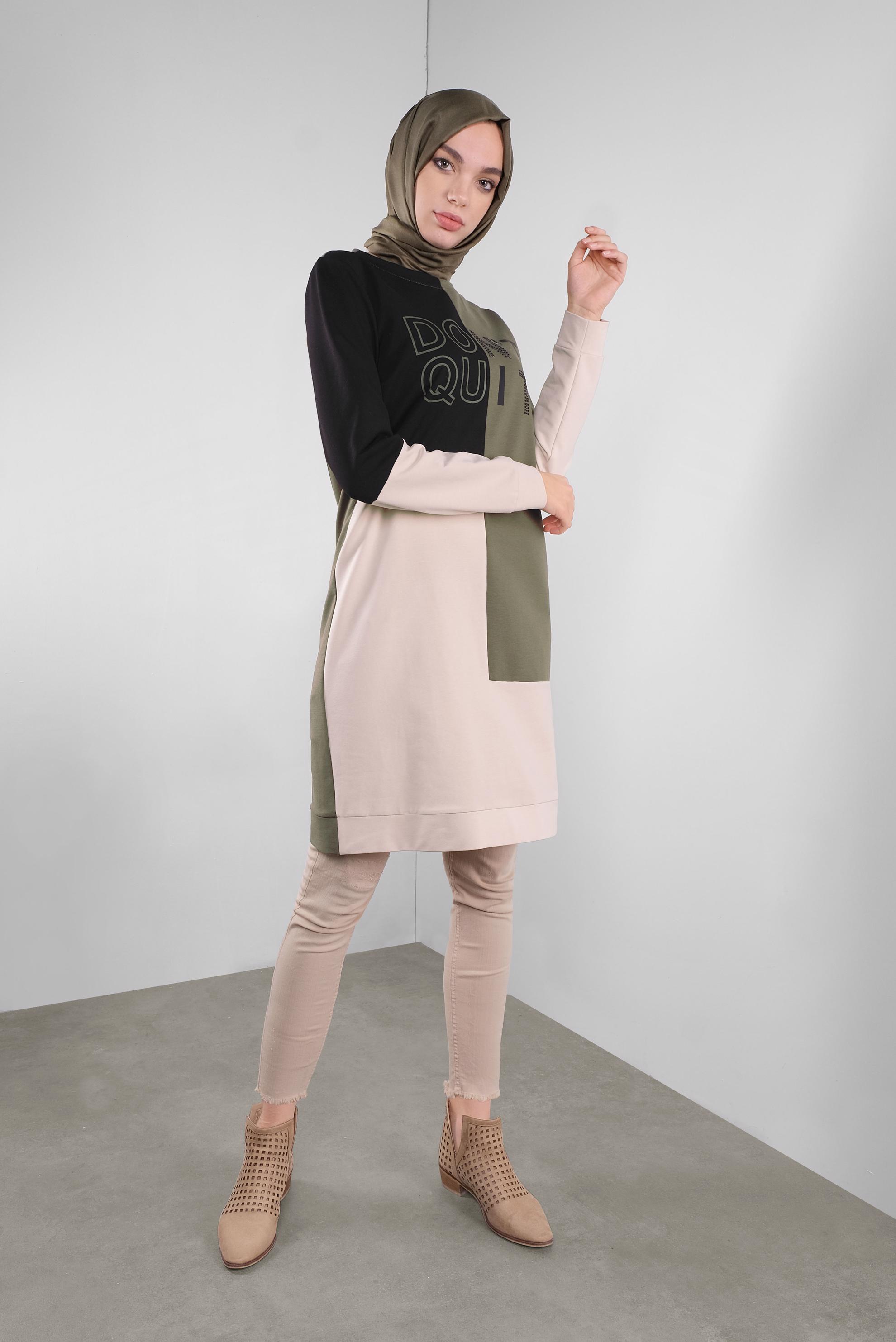 Tesettür giyim HAKİ YAZI BASKILI RENKLİ EŞOFMAN TUNİK 41206