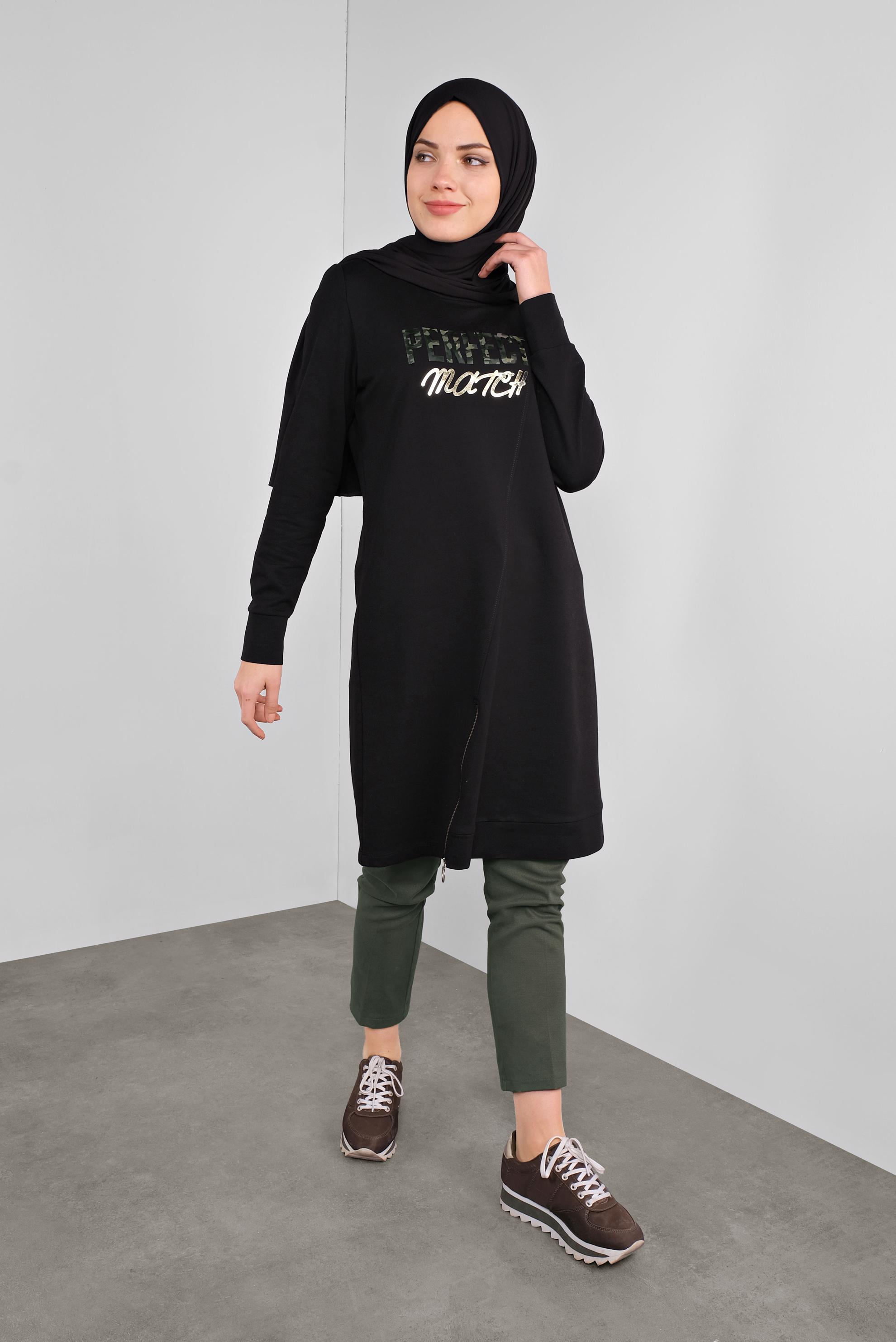 Tesettür giyim SİYAH PAMUKLU FERMUARLI  EŞOFMAN TUNİK 41224 