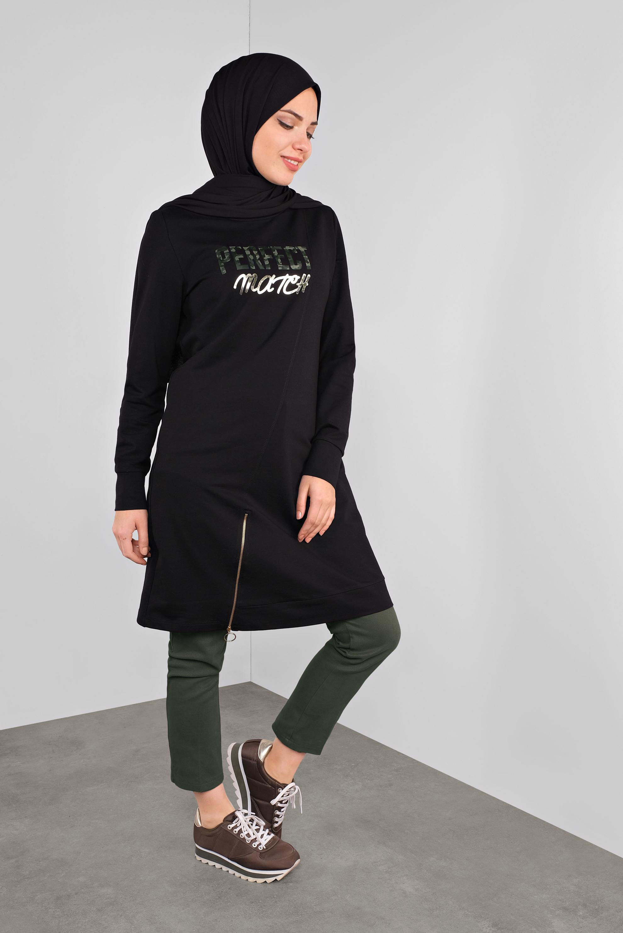 Tesettür giyim SİYAH PAMUKLU FERMUARLI  EŞOFMAN TUNİK 41224 