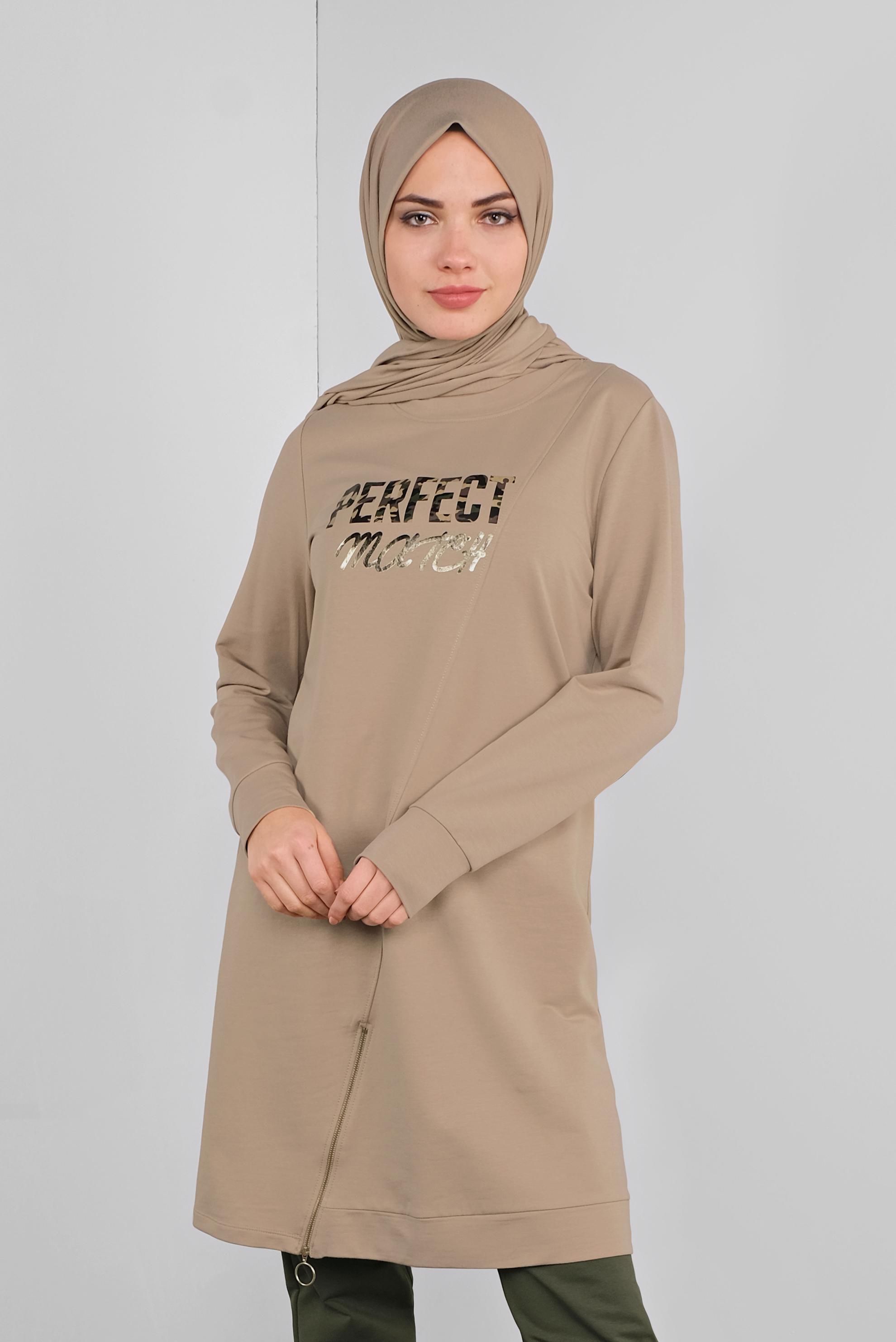Tesettür giyim BEJ PAMUKLU FERMUARLI  EŞOFMAN TUNİK 41224 