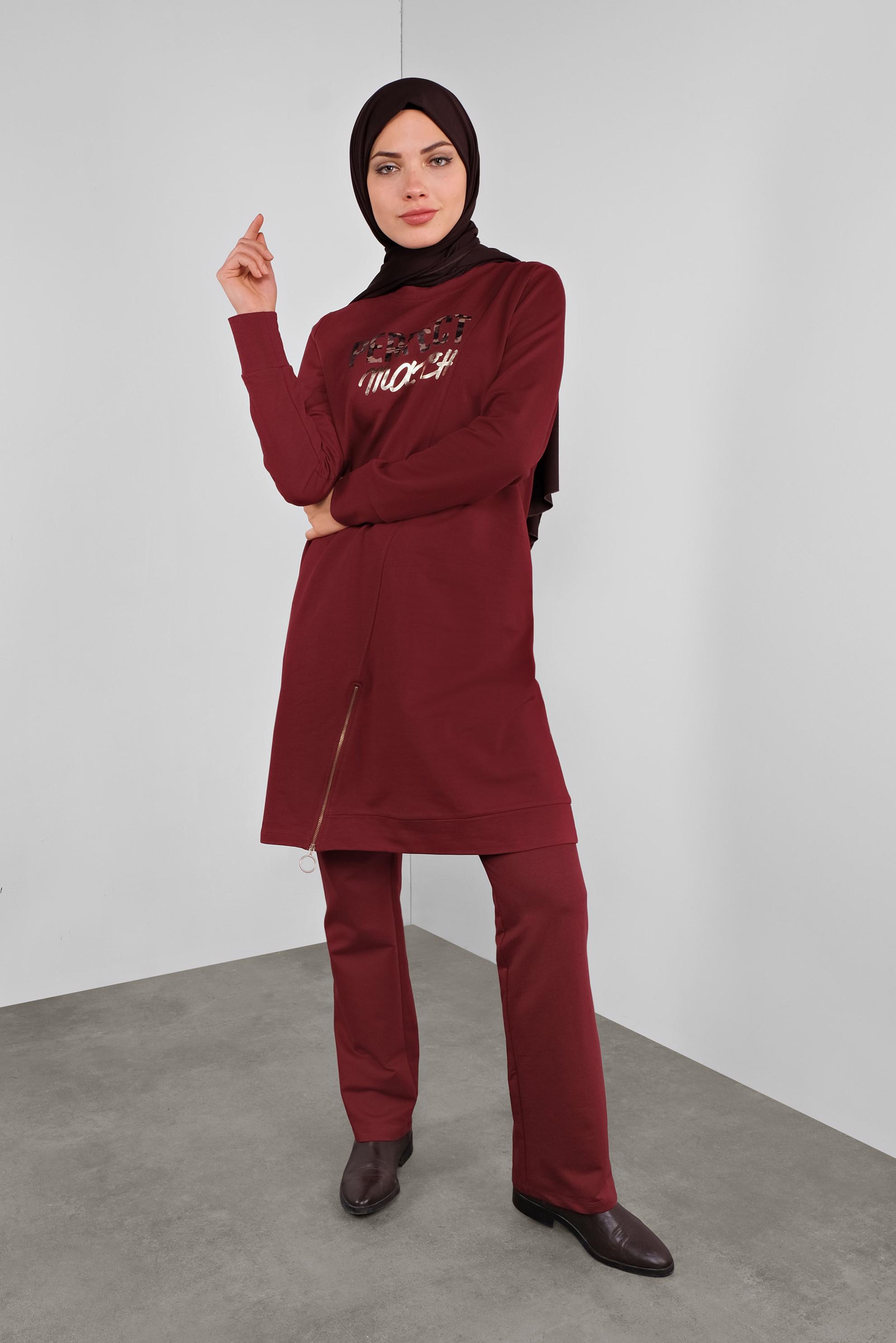 Tesettür giyim BORDO PAMUKLU FERMUARLI  EŞOFMAN TUNİK 41224 