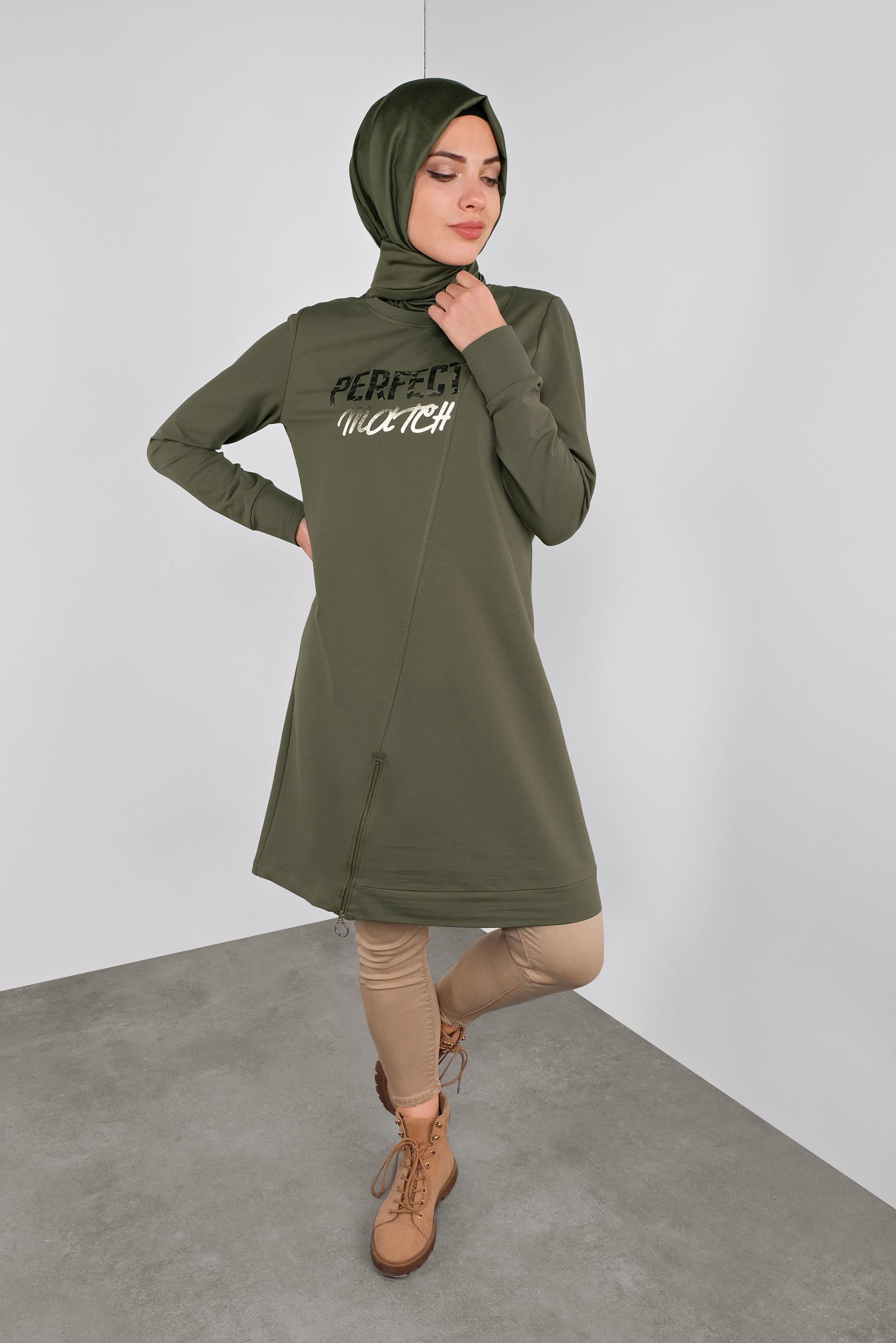 Tesettür giyim HAKİ PAMUKLU FERMUARLI  EŞOFMAN TUNİK 41224 