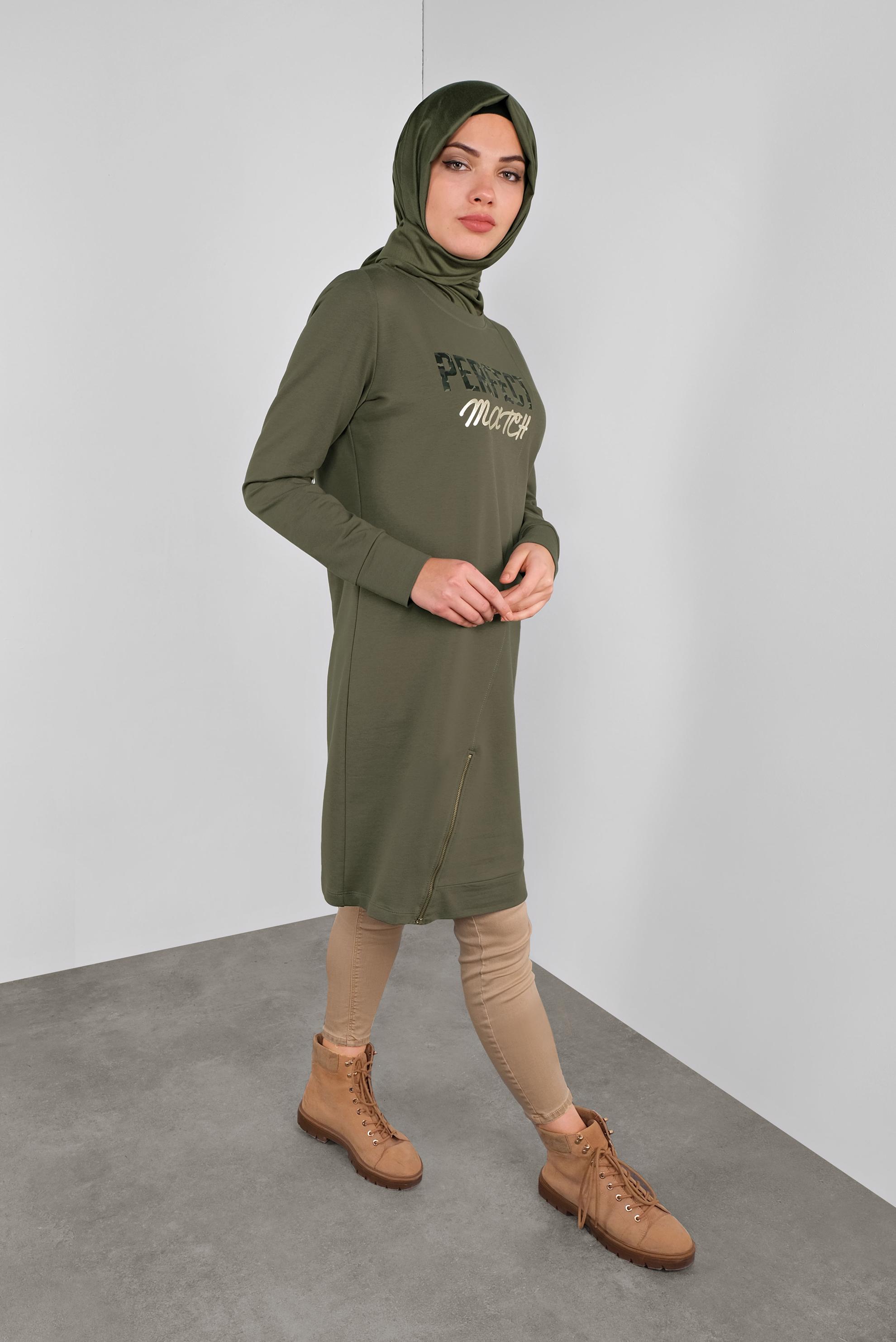 Tesettür giyim HAKİ PAMUKLU FERMUARLI  EŞOFMAN TUNİK 41224 