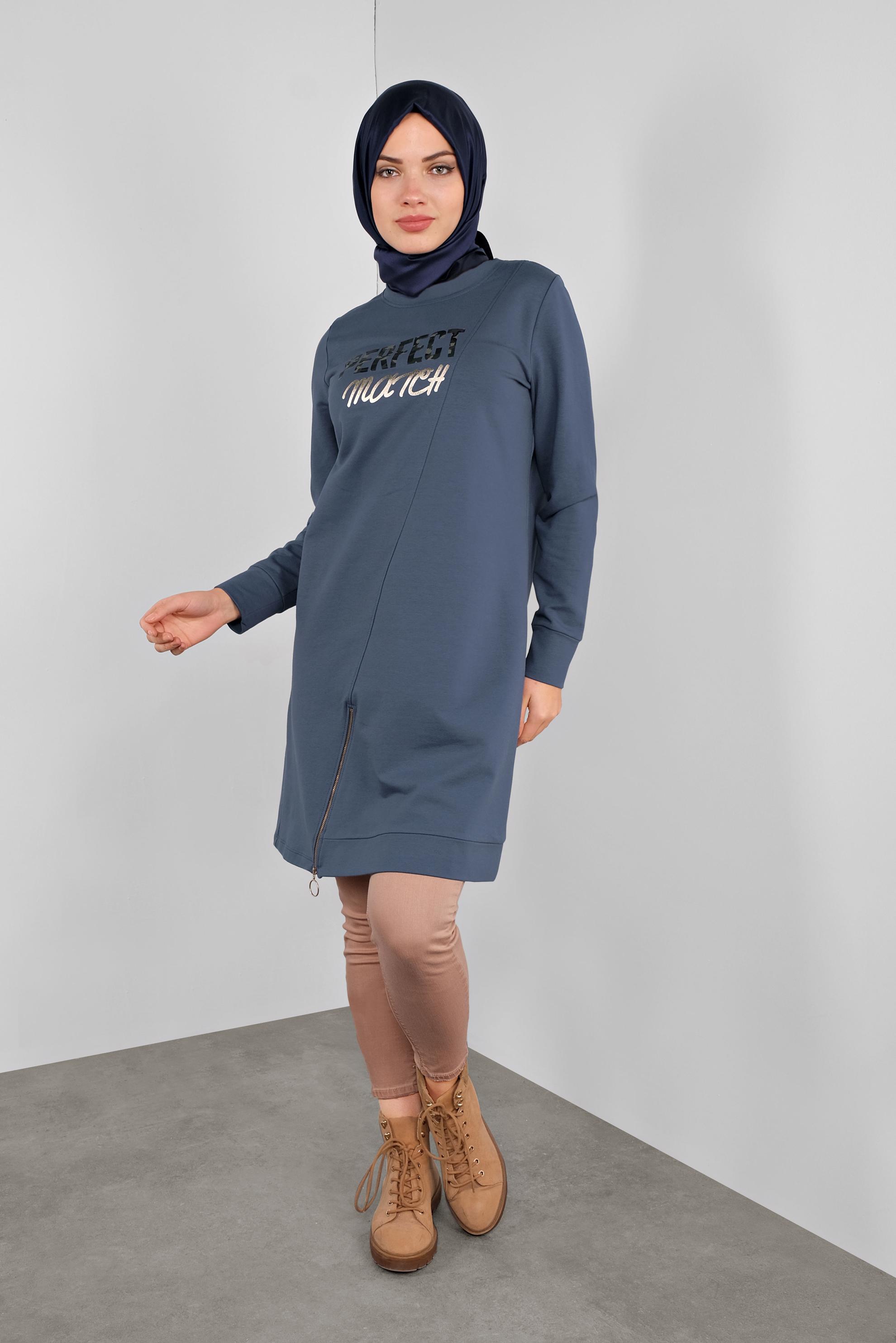 Tesettür giyim MAVİ PAMUKLU FERMUARLI  EŞOFMAN TUNİK 41224 