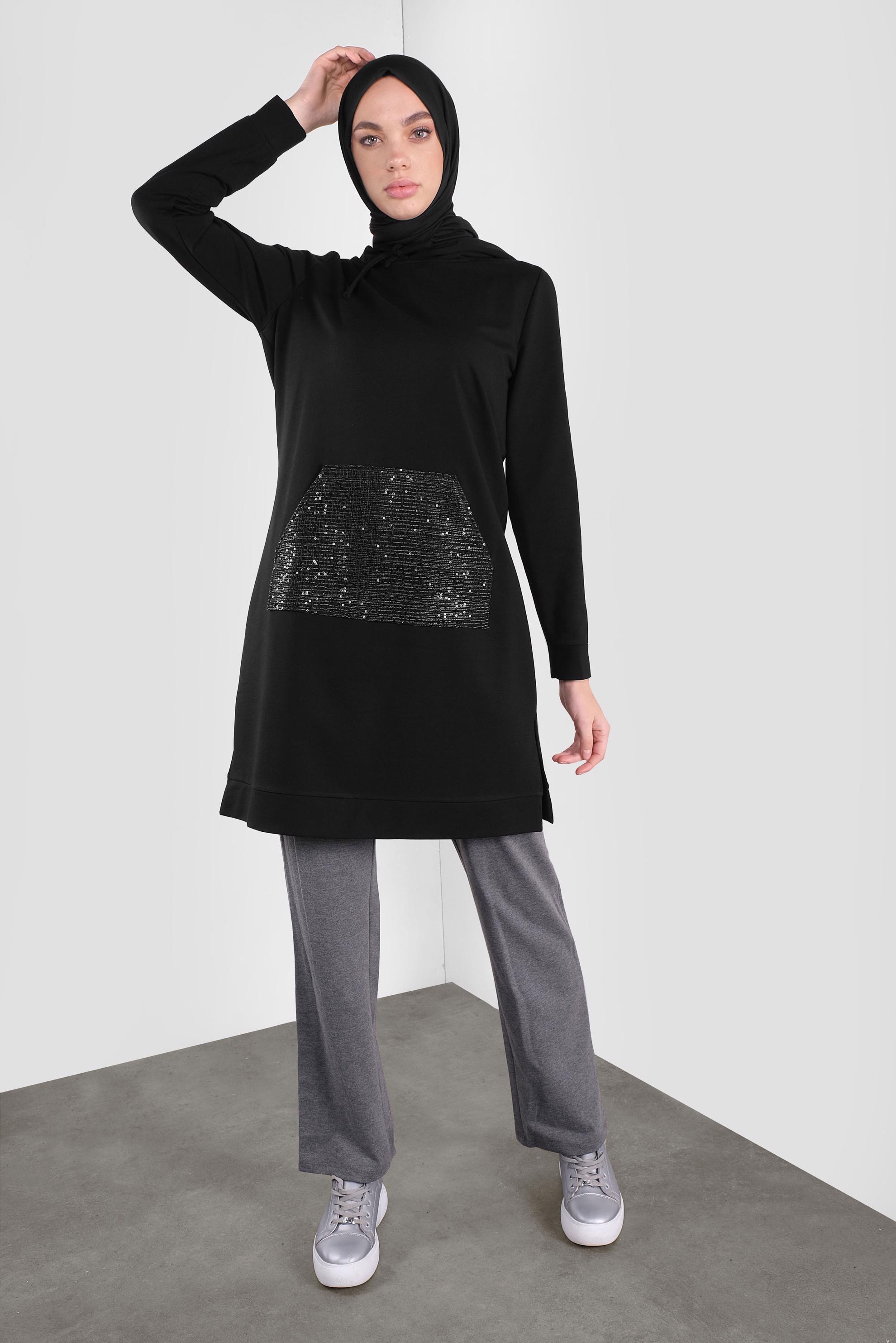 Tesettür giyim SİYAH CEBİ PULLU EŞOFMAN TUNİK 41252