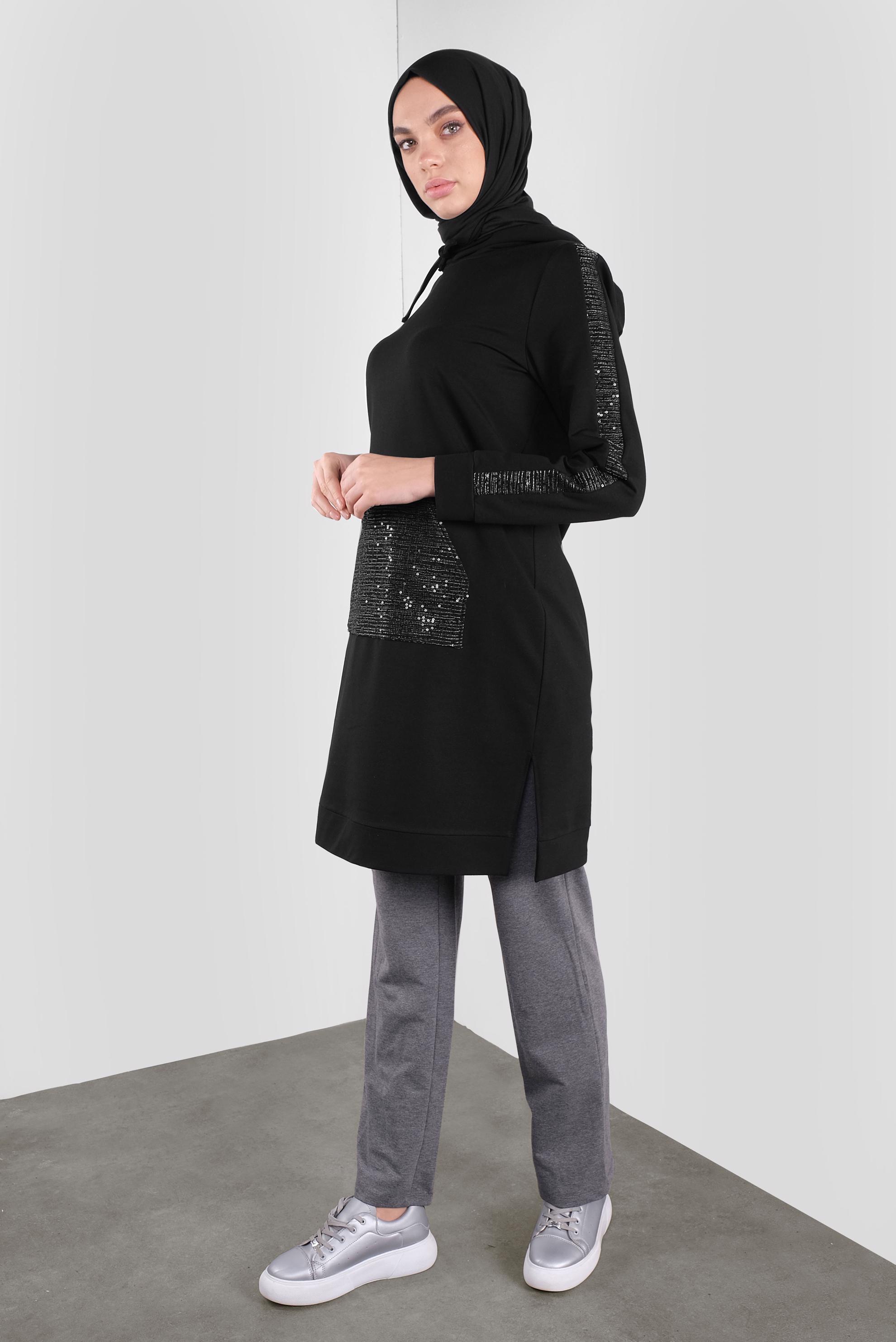Tesettür giyim SİYAH CEBİ PULLU EŞOFMAN TUNİK 41252