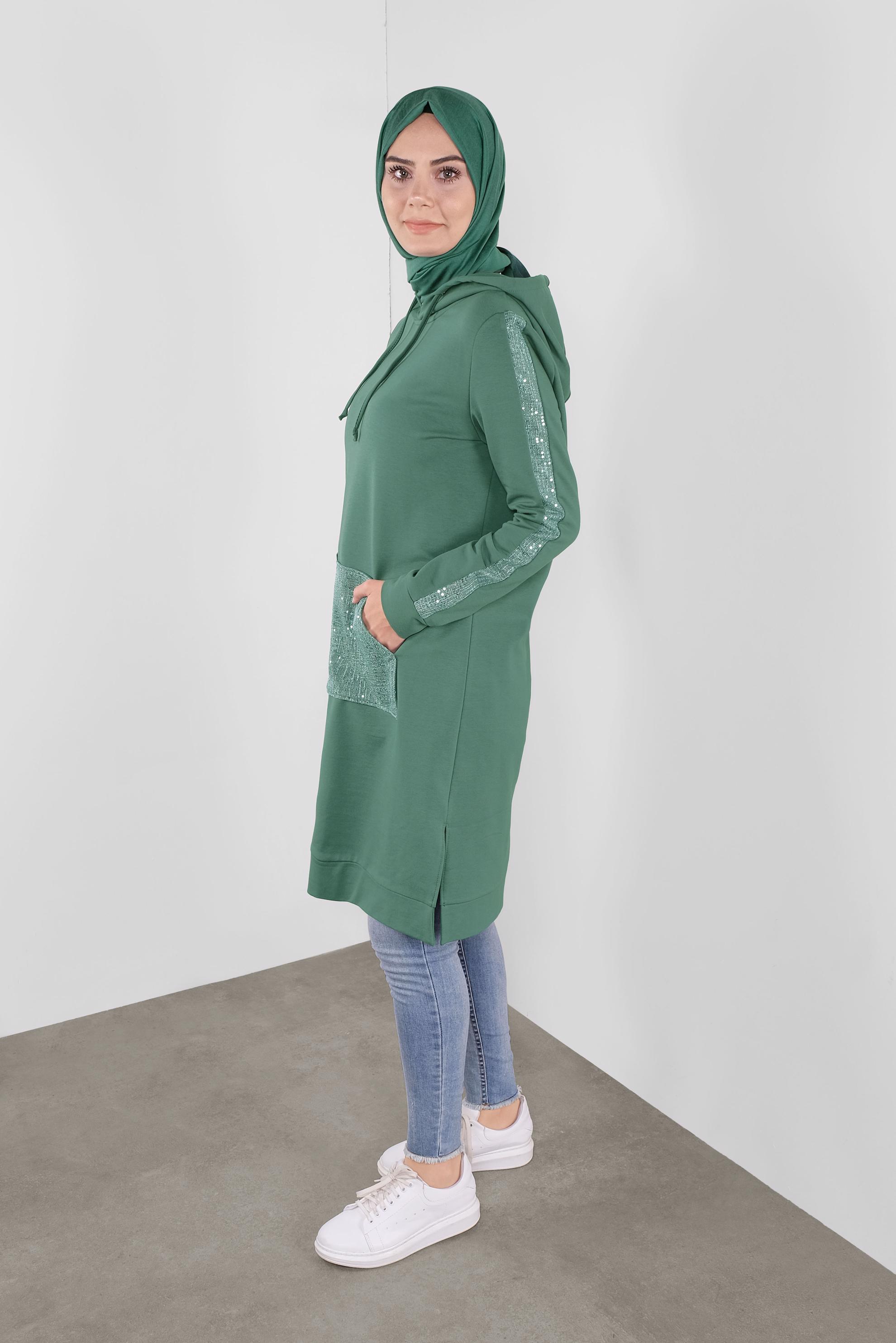 Tesettür giyim YEŞİL CEBİ PULLU EŞOFMAN TUNİK 41252