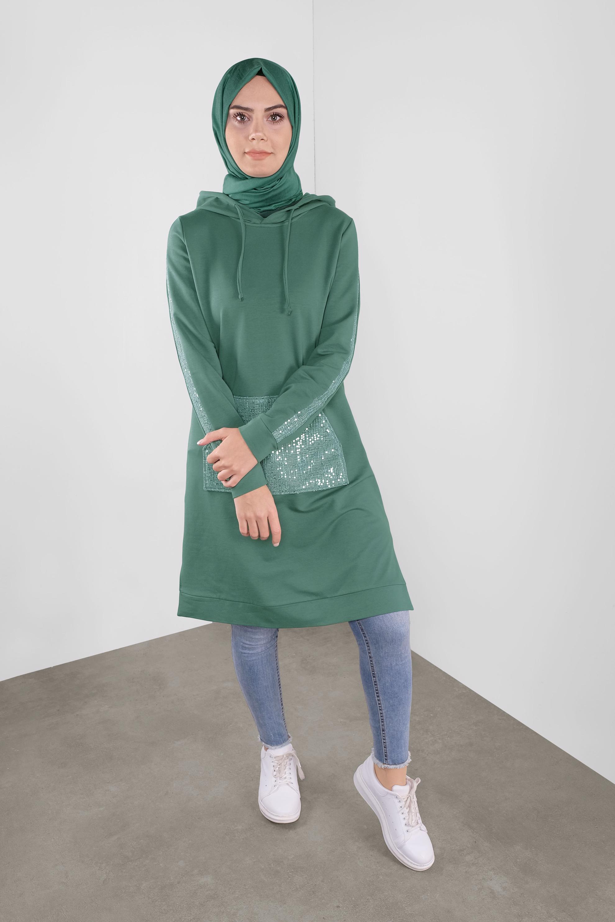 Tesettür giyim YEŞİL CEBİ PULLU EŞOFMAN TUNİK 41252