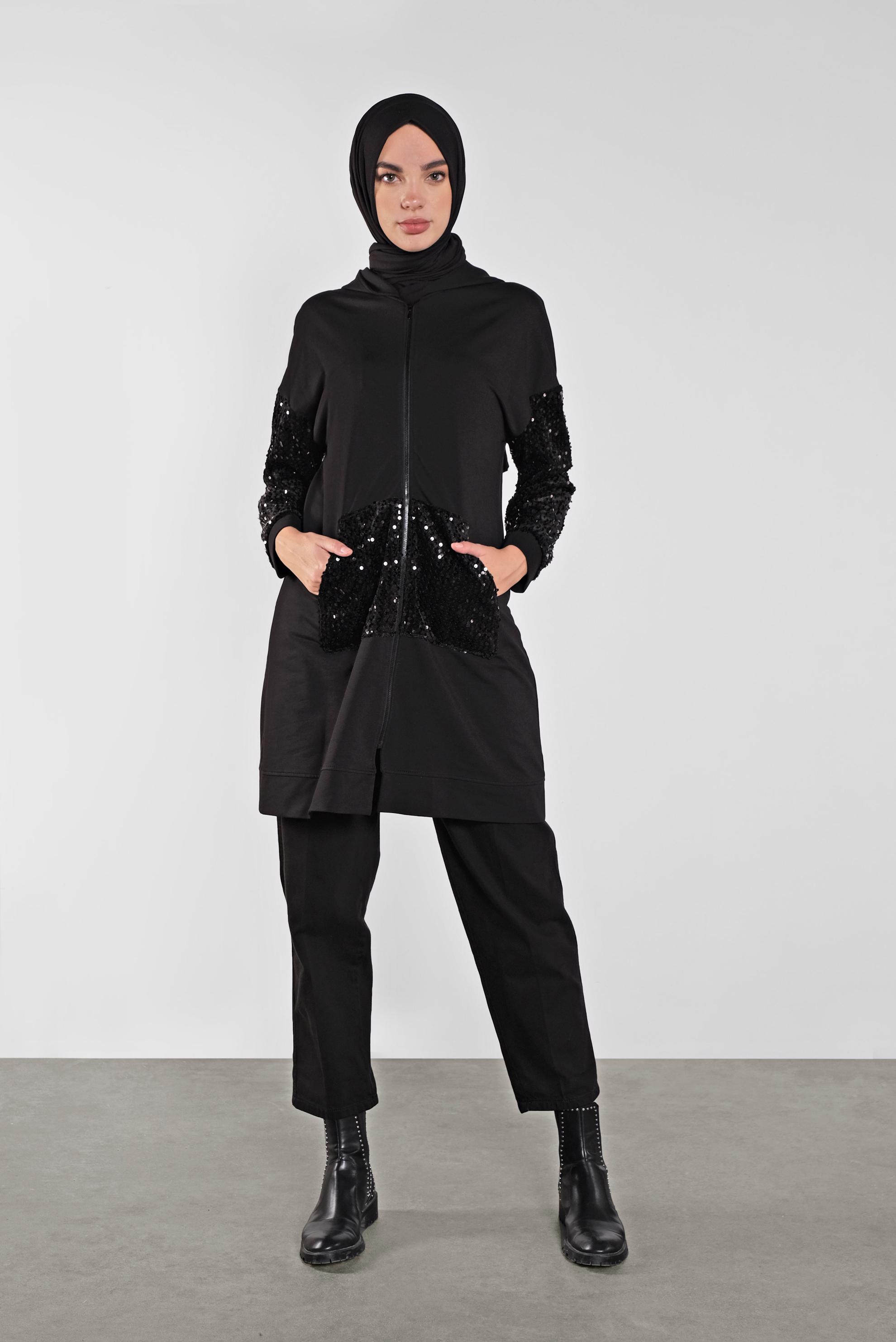 Tesettür giyim SİYAH PUL PAYETLİ EŞOFMAN TUNİK 41269 